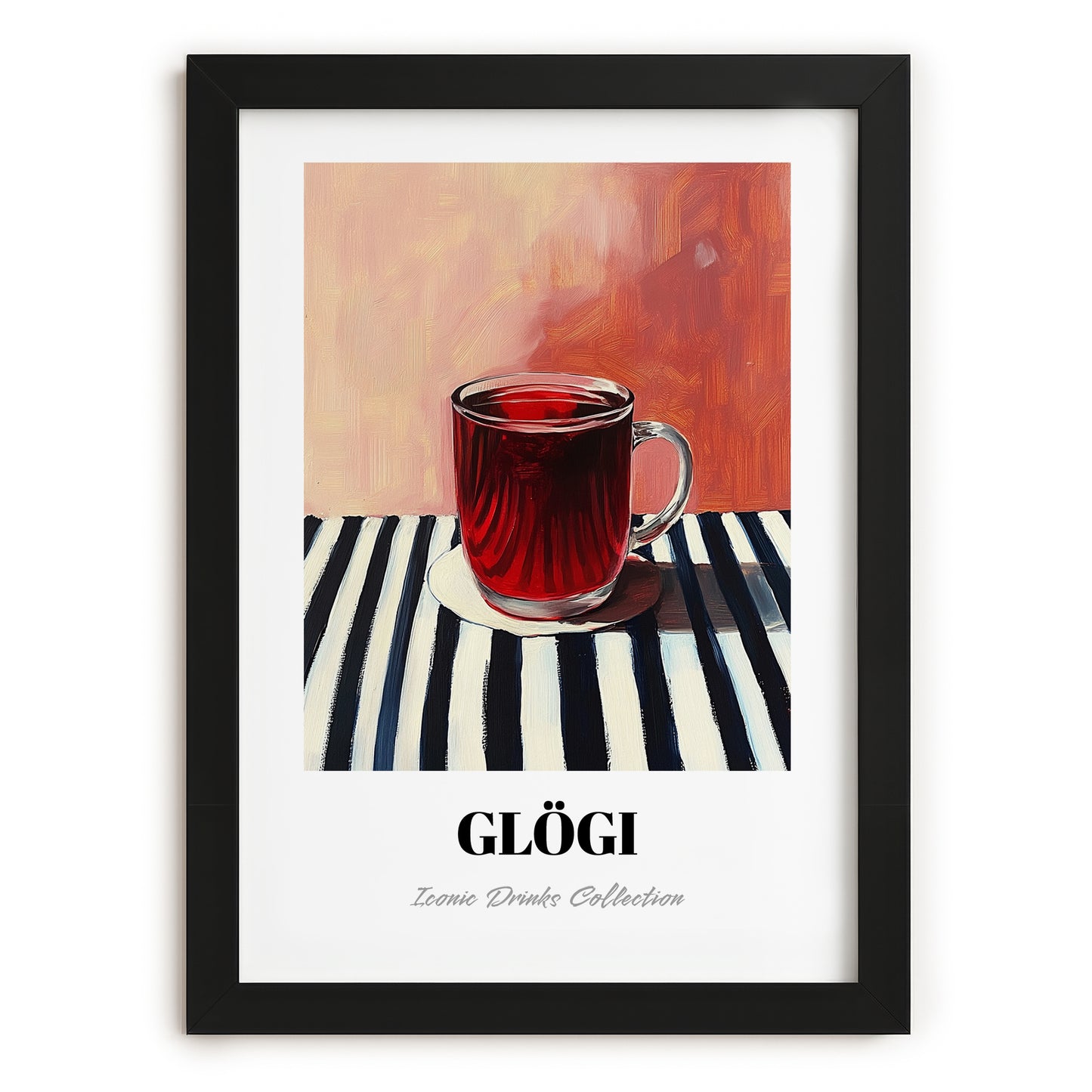 Glögi – on Striped Tablecloth, Finnish Beverage Art, in sleek black frame