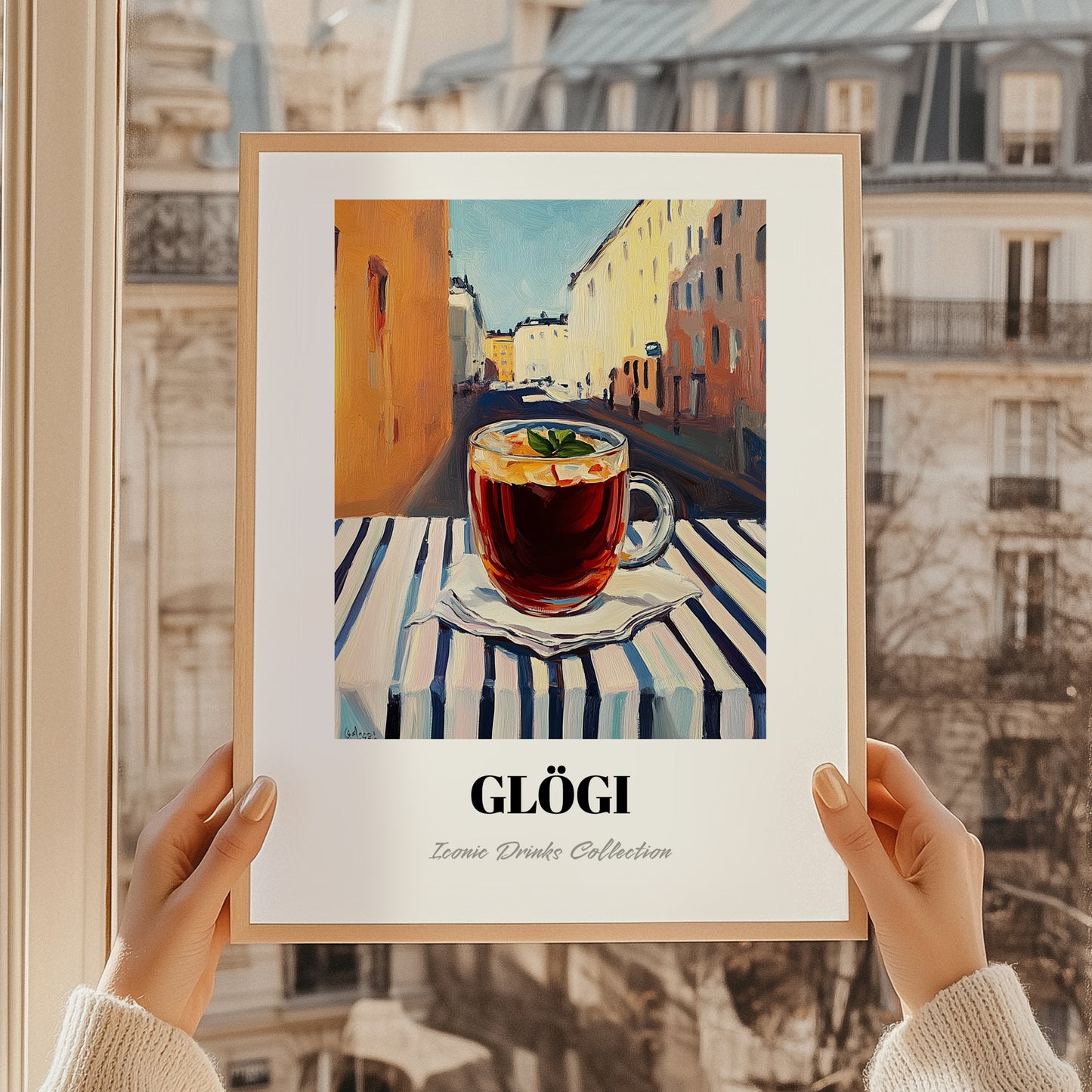 Glögi – Finnish Outdoor Café Scene, Finnish Wine Poster, styled in a charming Paris street view