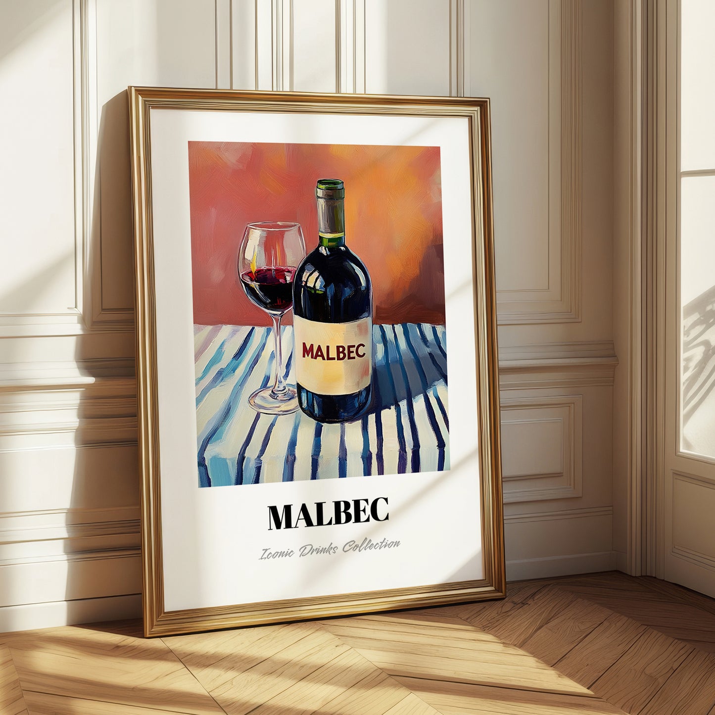 Malbec – on Striped Tablecloth, Argentinian Wine Still Life