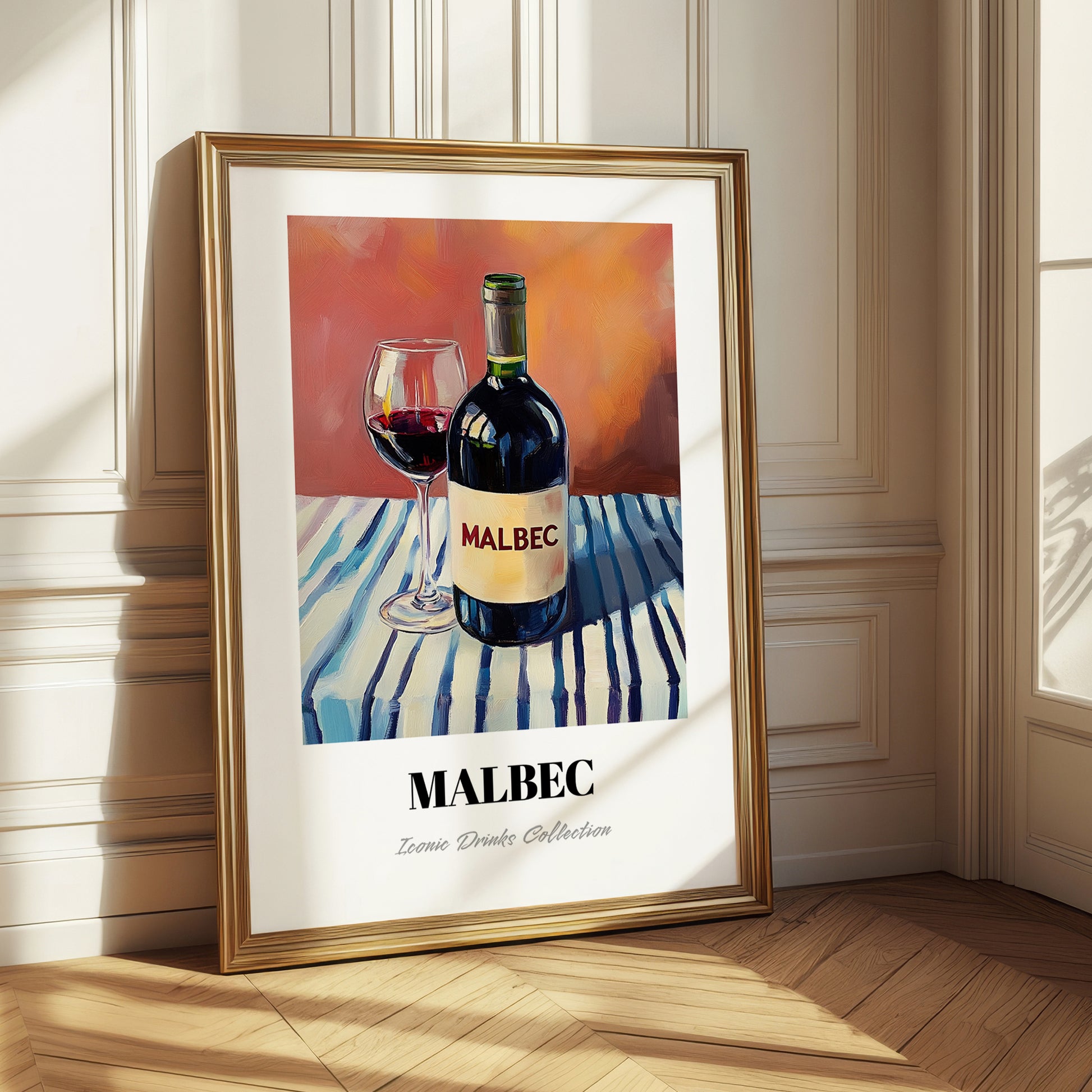 Malbec – on Striped Tablecloth, Argentinian Wine Still Life