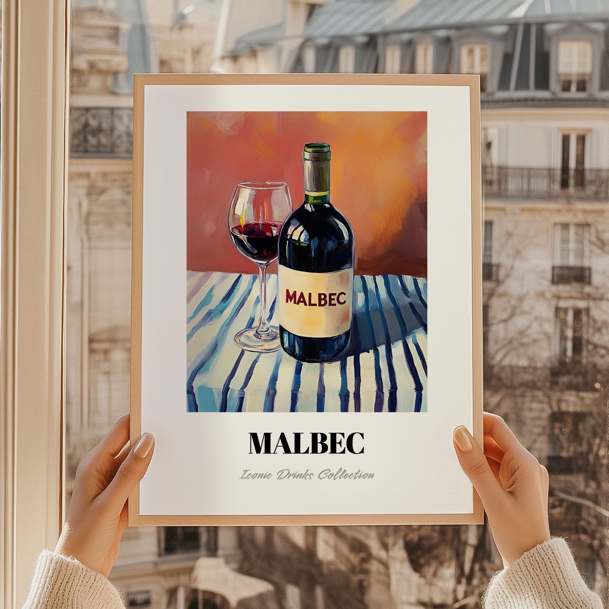 Malbec – on Striped Tablecloth, Argentinian Wine Still Life, styled in a charming Paris street view
