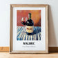 Malbec – on Striped Tablecloth, Argentinian Wine Still Life, in wooden frame leaning on the floor