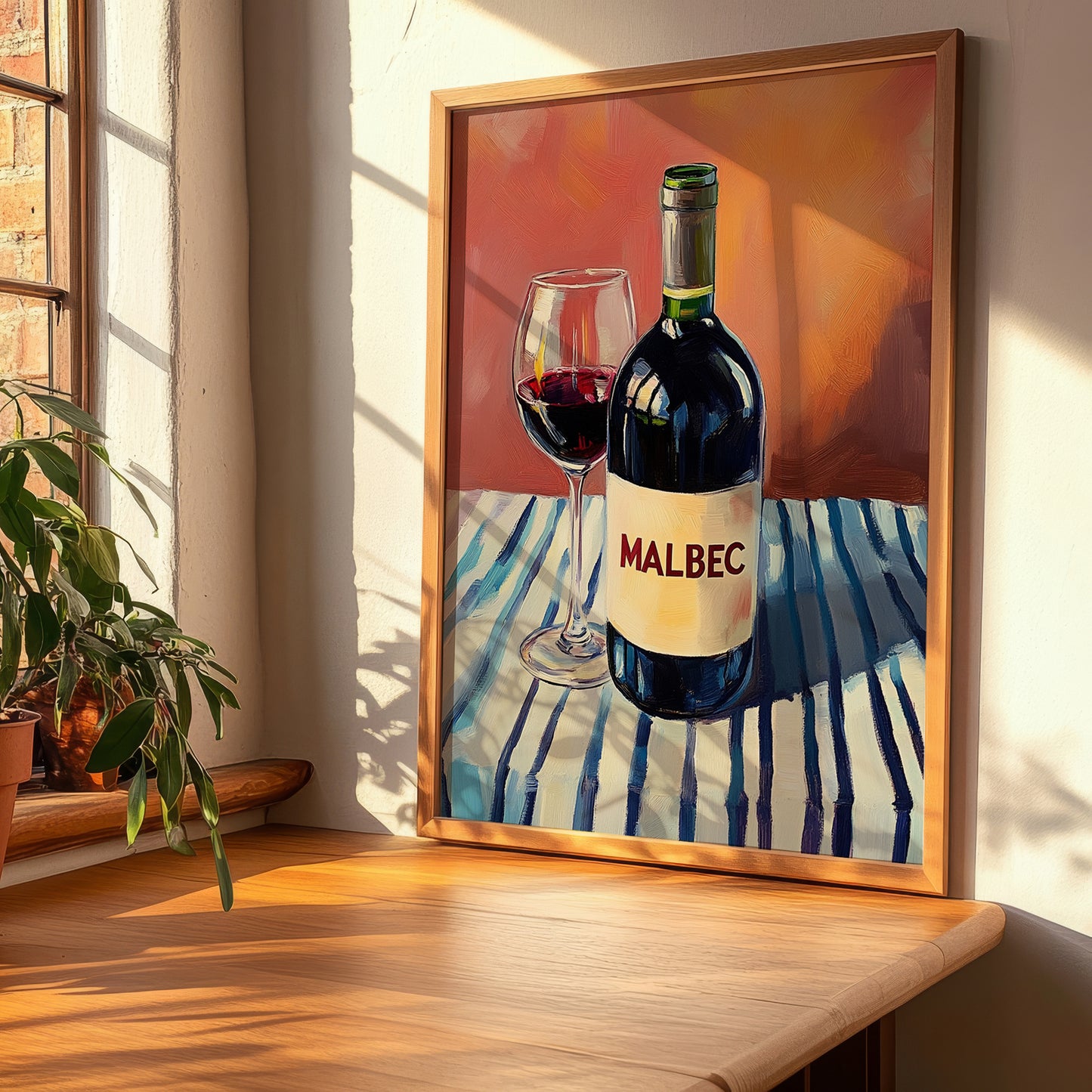 Malbec – on Striped Tablecloth, Argentinian Wine Still Life, clean layout with no caption