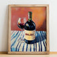 Malbec – on Striped Tablecloth, Argentinian Wine Still Life, no-text version framed in wood