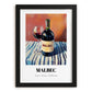 Malbec – on Striped Tablecloth, Argentinian Wine Still Life, in sleek black frame