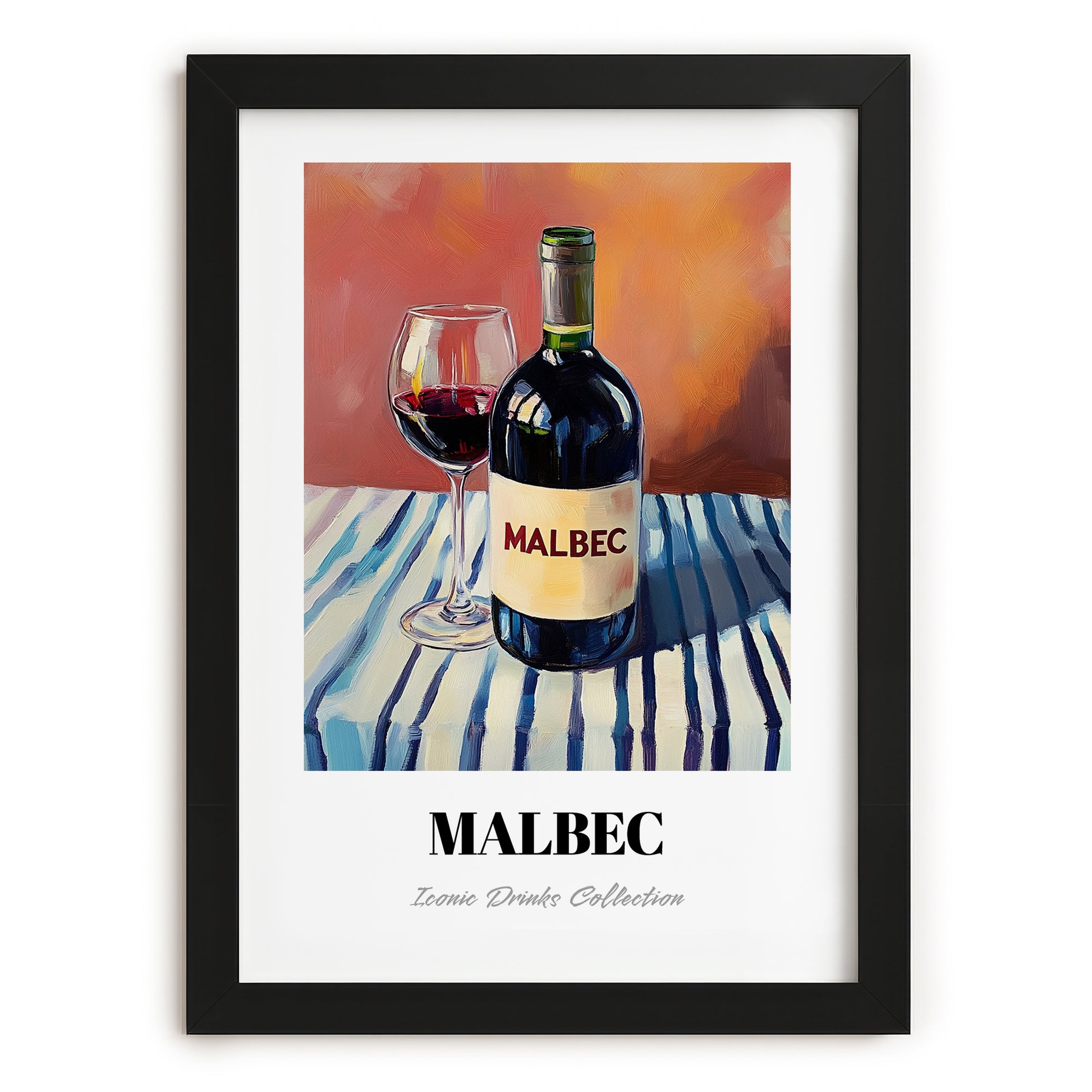 Malbec – on Striped Tablecloth, Argentinian Wine Still Life, in sleek black frame