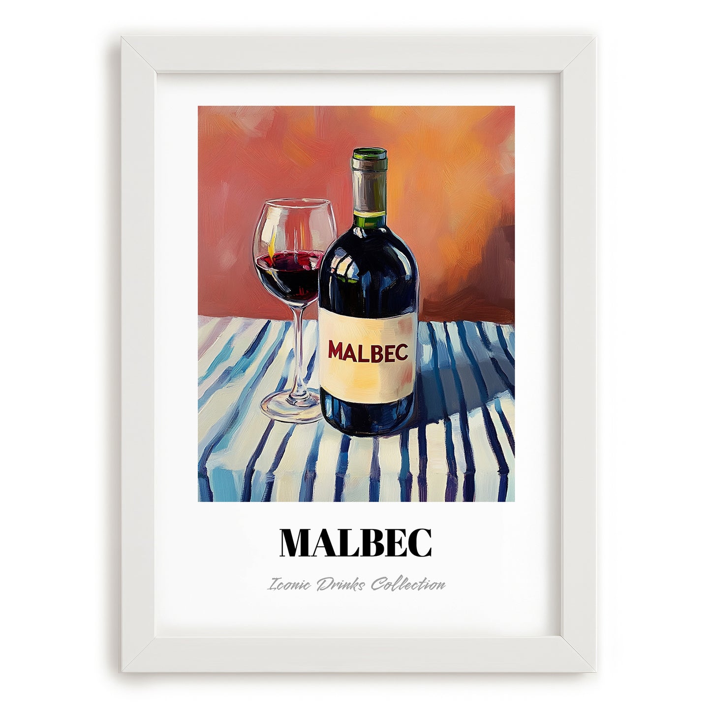 Malbec – on Striped Tablecloth, Argentinian Wine Still Life, placed in minimal white frame