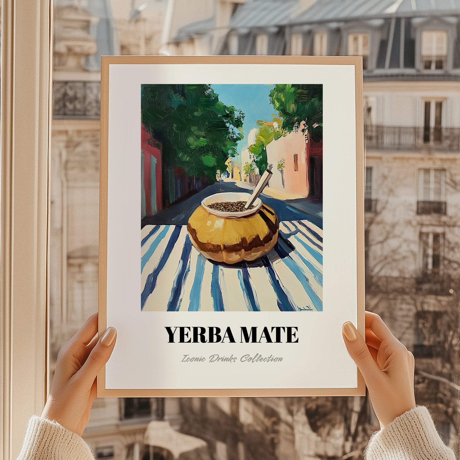 Yerba Maté – Argentinian Outdoor Café Scene, Argentinian Beverage Poster, styled in a charming Paris street view