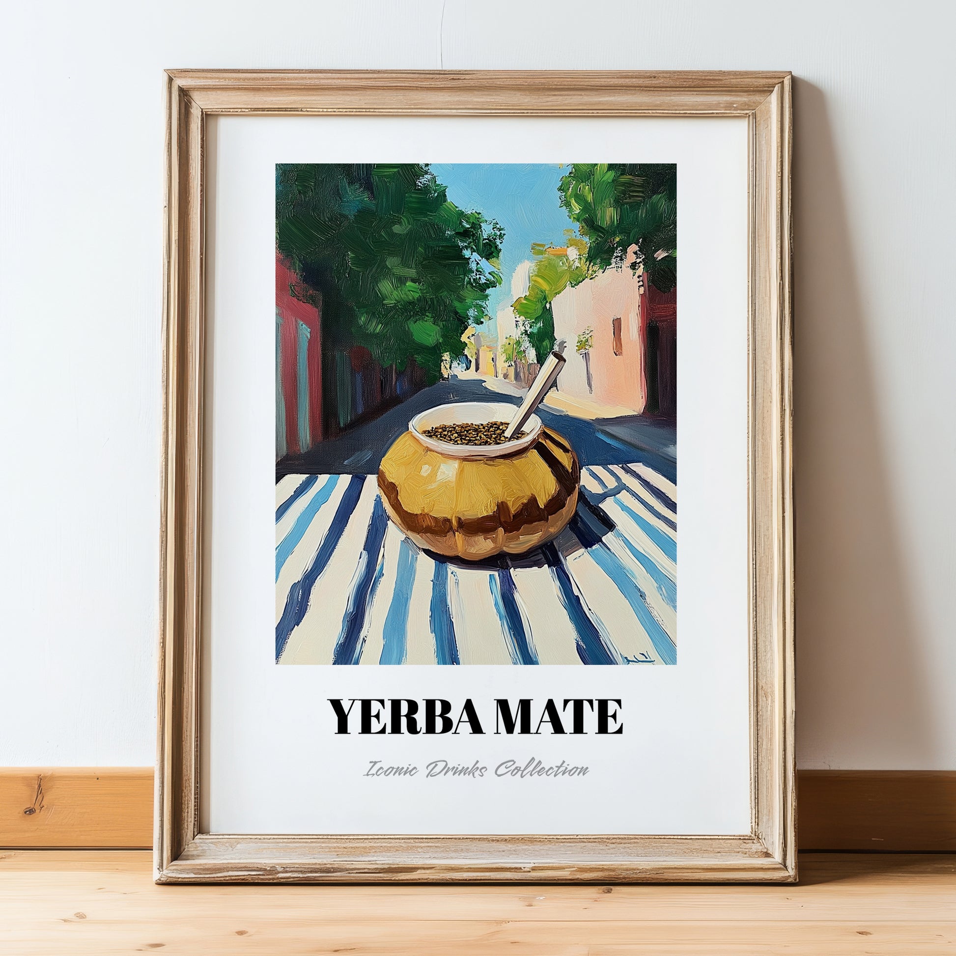 Yerba Maté – Argentinian Outdoor Café Scene, Argentinian Beverage Poster, in wooden frame leaning on the floor