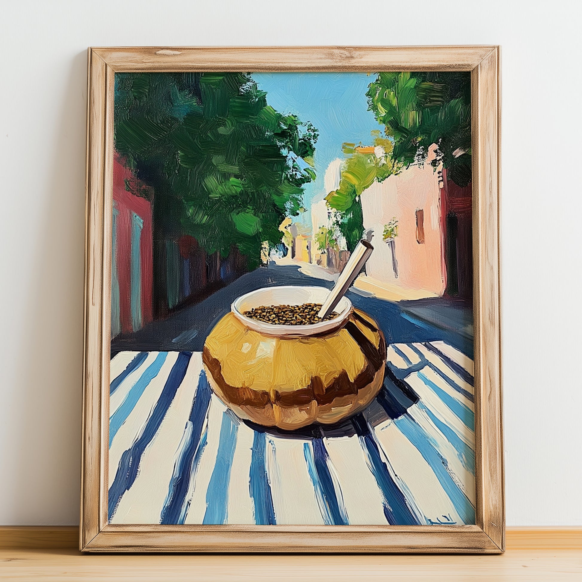 Yerba Maté – Argentinian Outdoor Café Scene, Argentinian Beverage Poster, no-text version framed in wood