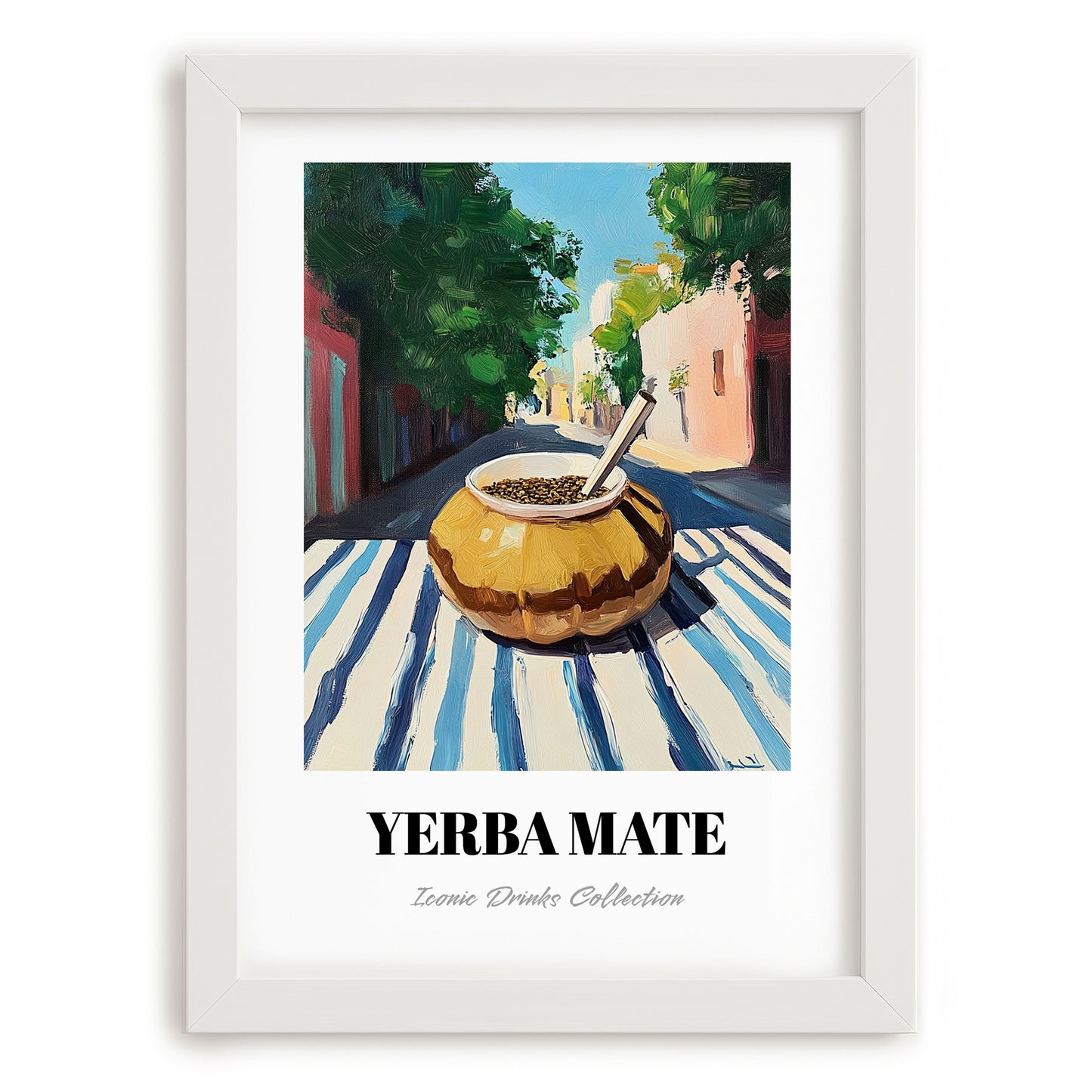 Yerba Maté – Argentinian Outdoor Café Scene, Argentinian Beverage Poster, placed in minimal white frame