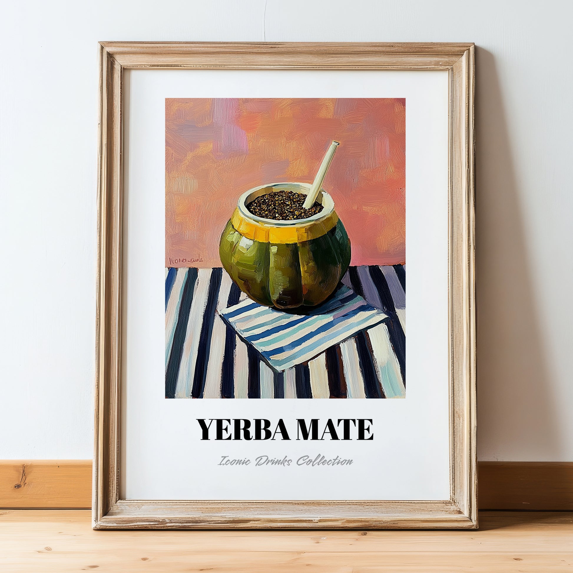 Yerba Maté – on Striped Tablecloth, Argentinian Whiskey Wall Decor, in wooden frame leaning on the floor