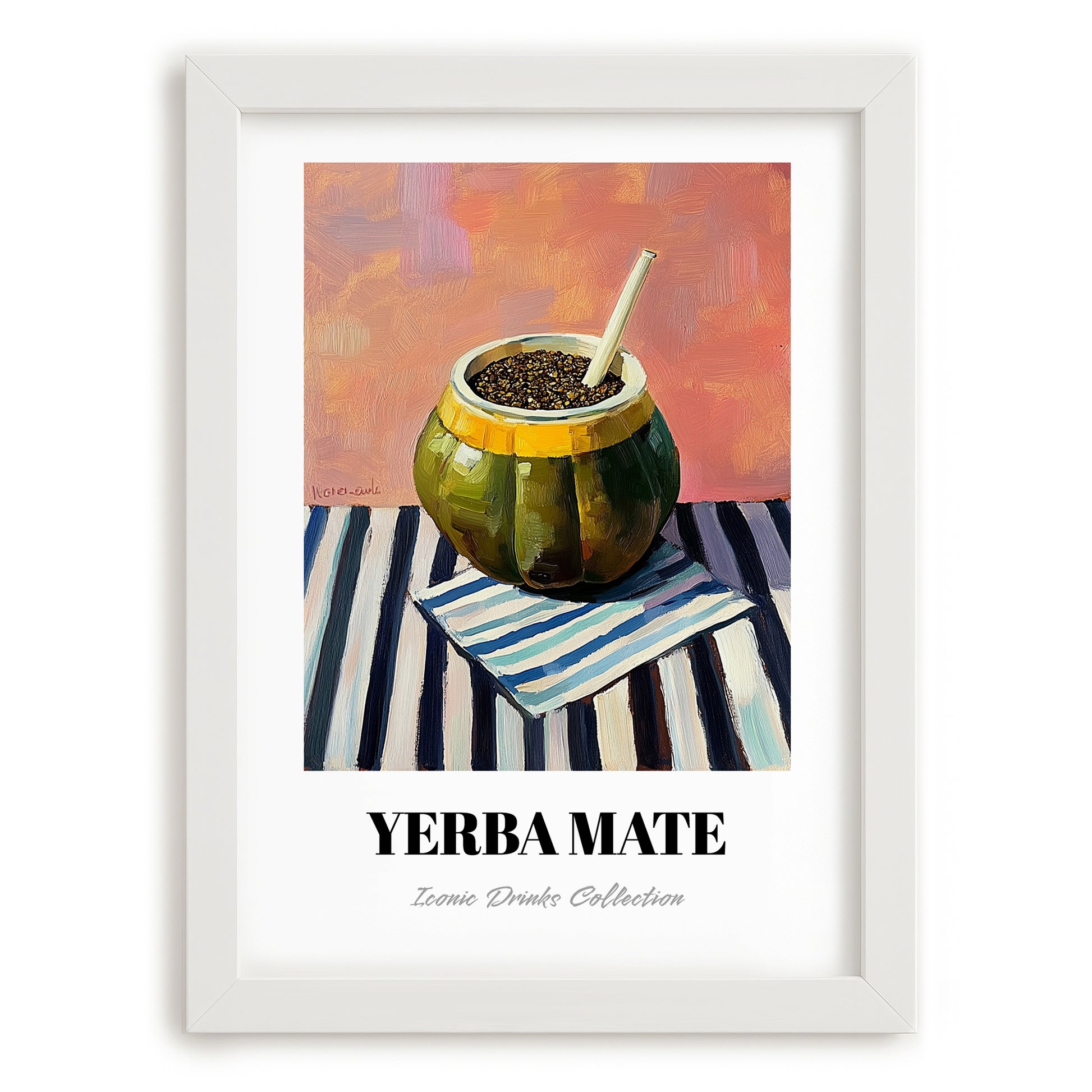 Yerba Maté – on Striped Tablecloth, Argentinian Whiskey Wall Decor, placed in minimal white frame