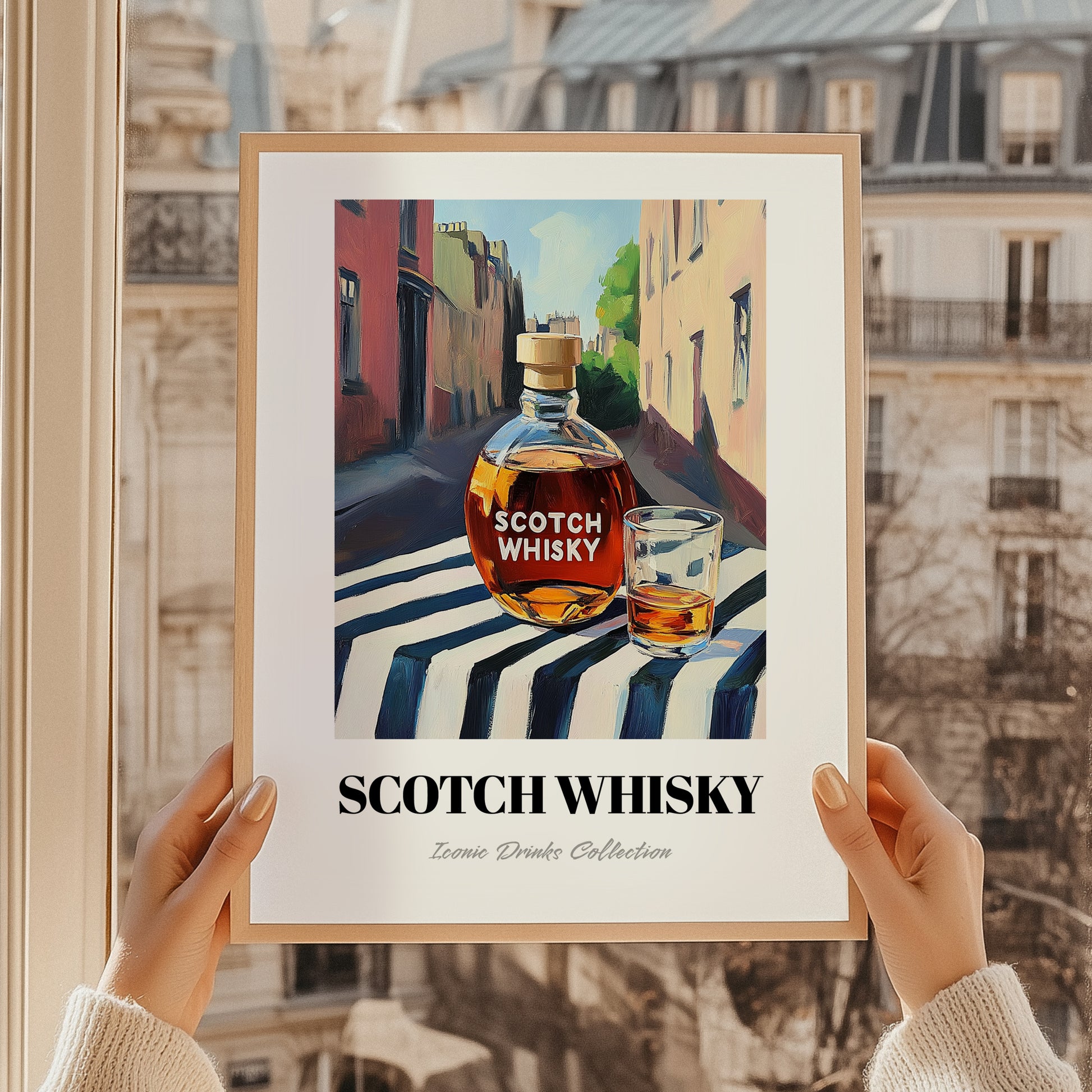 Scotch Whisky – Scottish Urban Café Scene, Scottish Whiskey Illustration, styled in a charming Paris street view