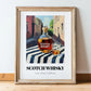 Scotch Whisky – Scottish Urban Café Scene, Scottish Whiskey Illustration, in wooden frame leaning on the floor