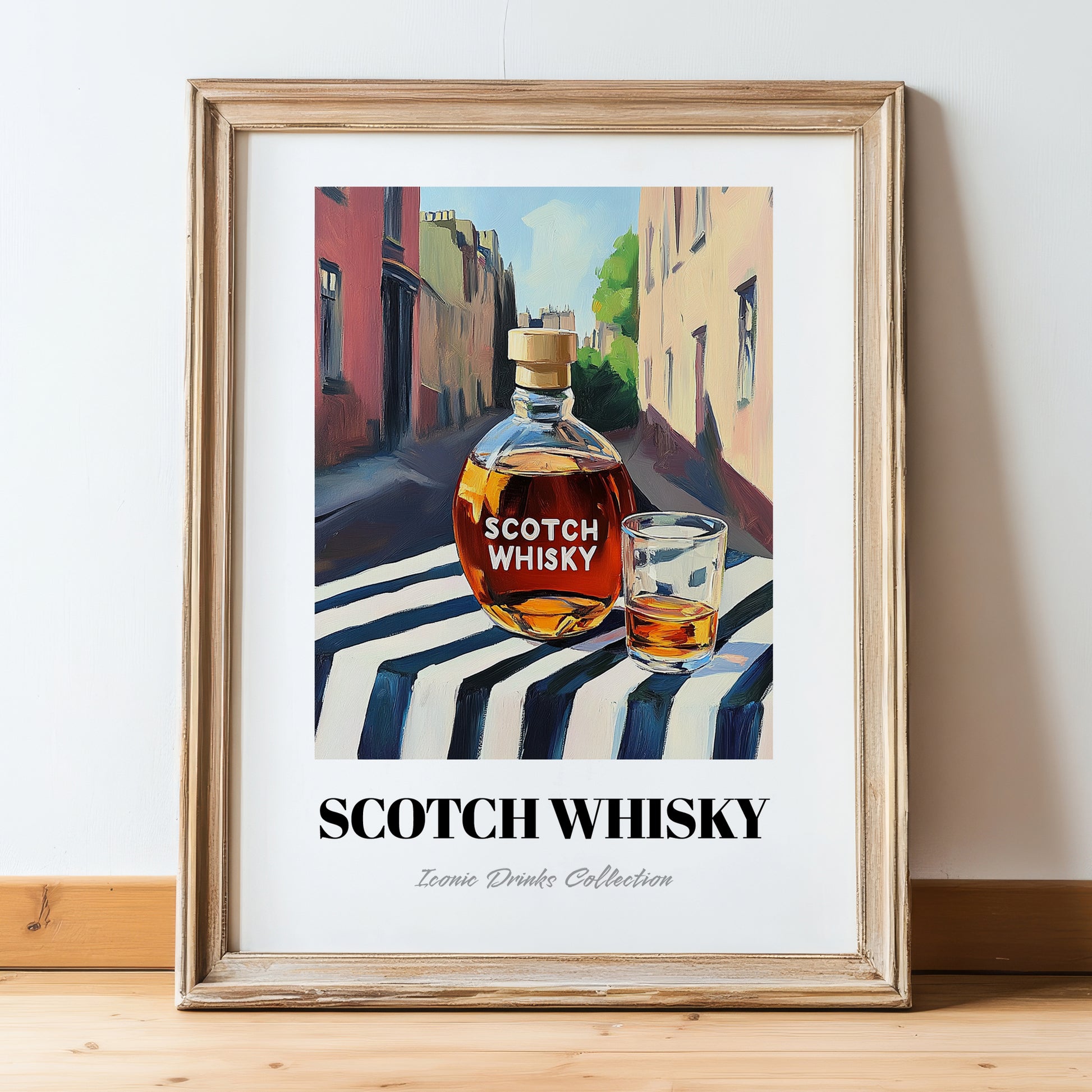 Scotch Whisky – Scottish Urban Café Scene, Scottish Whiskey Illustration, in wooden frame leaning on the floor