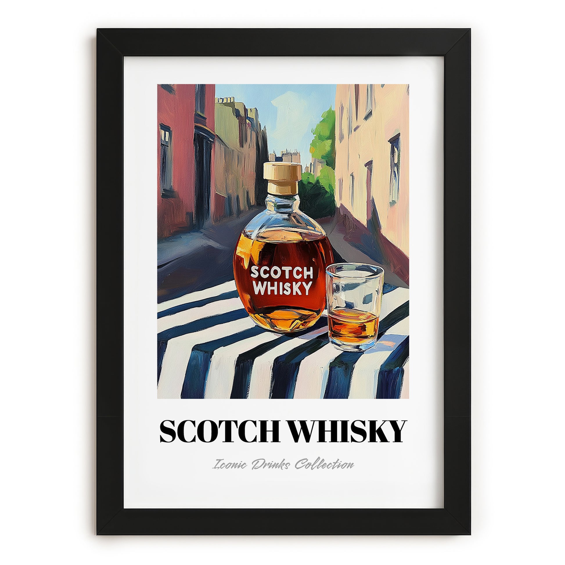 Scotch Whisky – Scottish Urban Café Scene, Scottish Whiskey Illustration, in sleek black frame