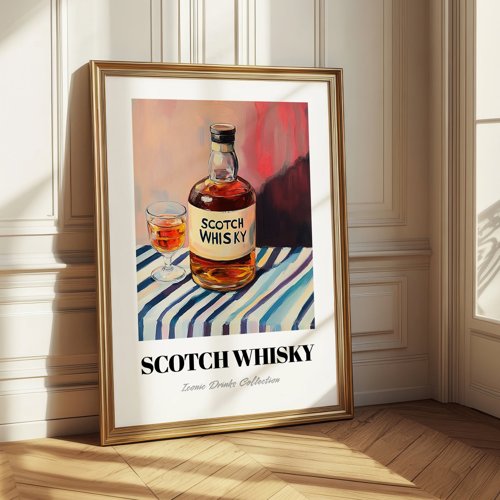 Scotch Whisky – on Striped Tablecloth, Scottish Beer Wall Decor