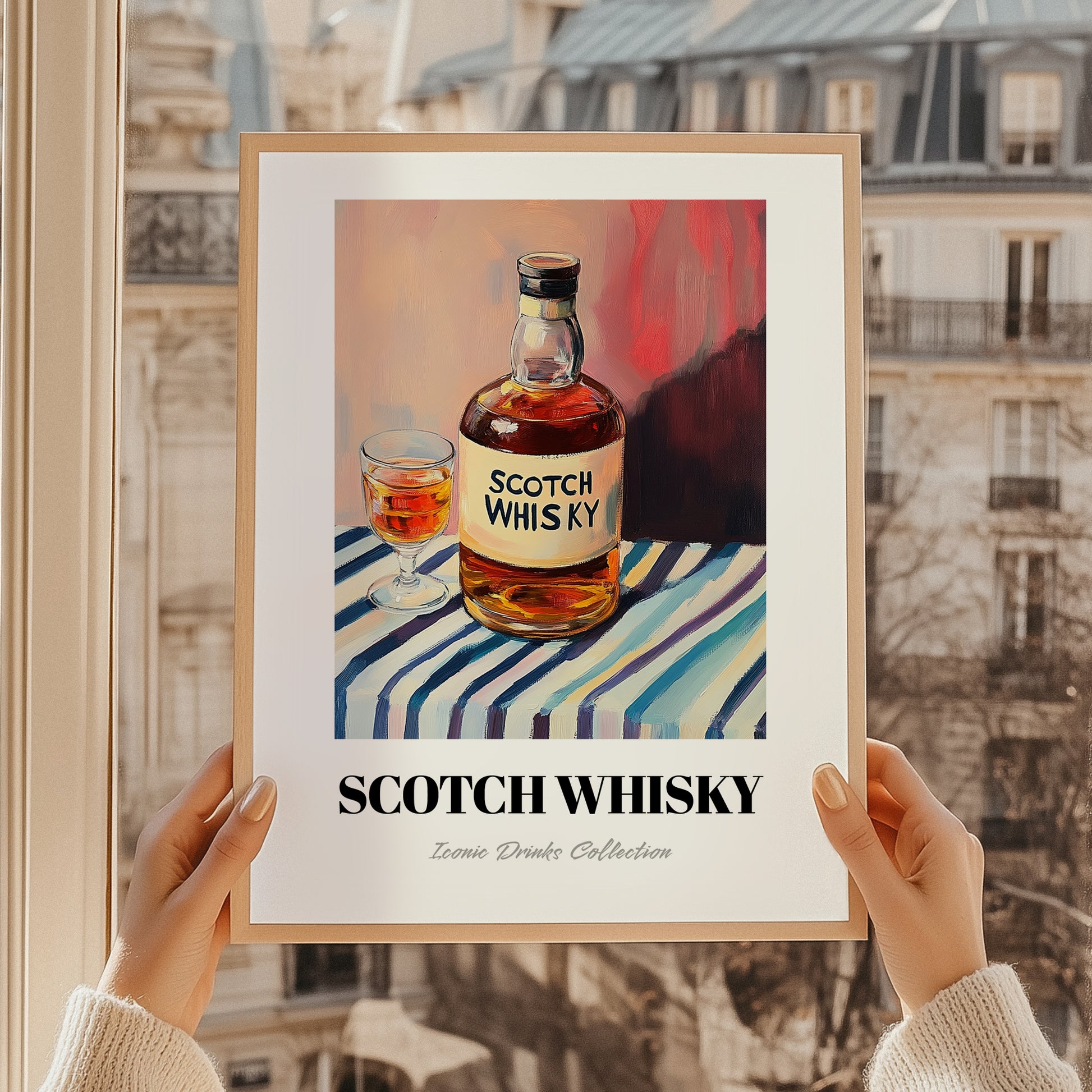 Scotch Whisky – on Striped Tablecloth, Scottish Beer Wall Decor, styled in a charming Paris street view