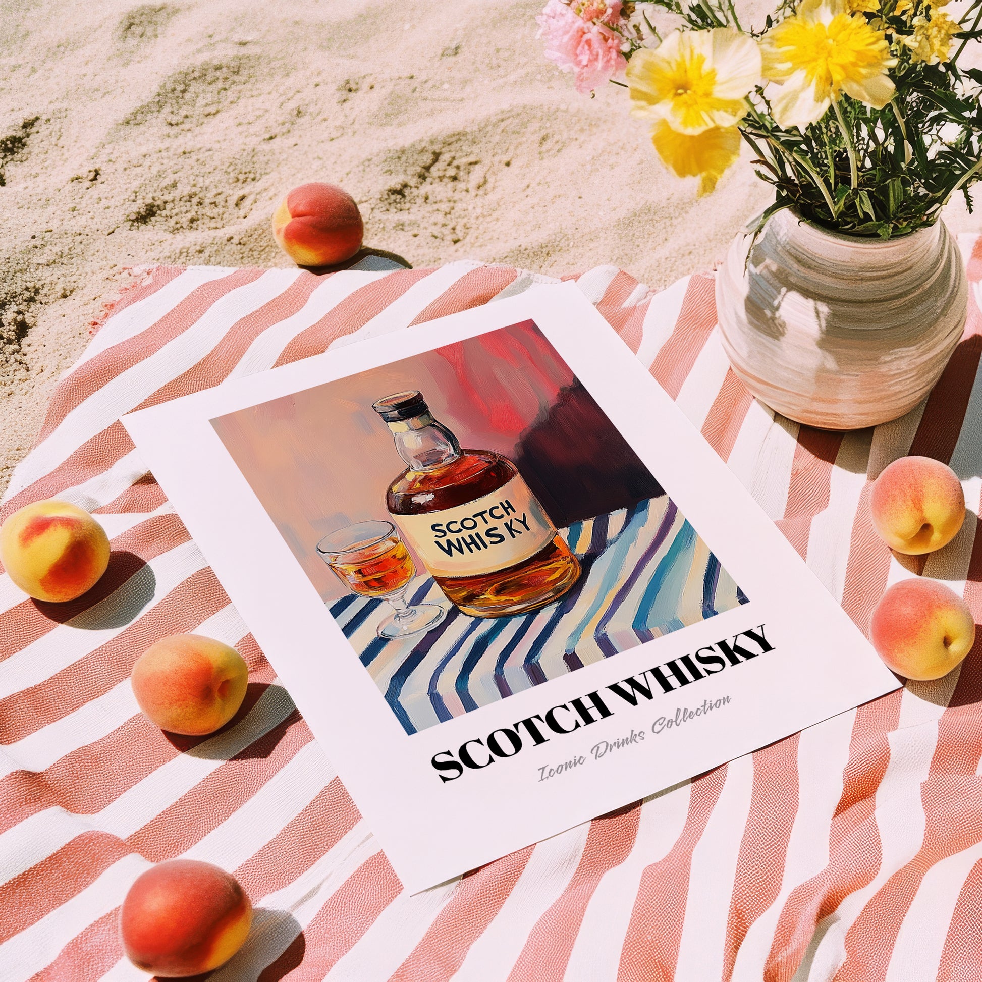Scotch Whisky – on Striped Tablecloth, Scottish Beer Wall Decor, unframed on coastal sand