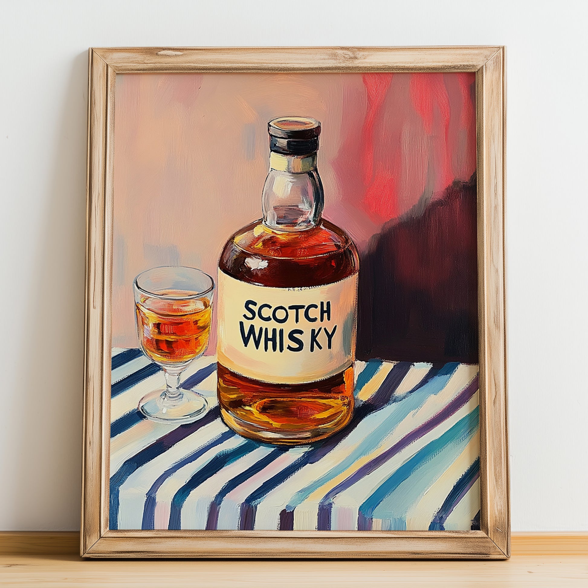 Scotch Whisky – on Striped Tablecloth, Scottish Beer Wall Decor, no-text version framed in wood