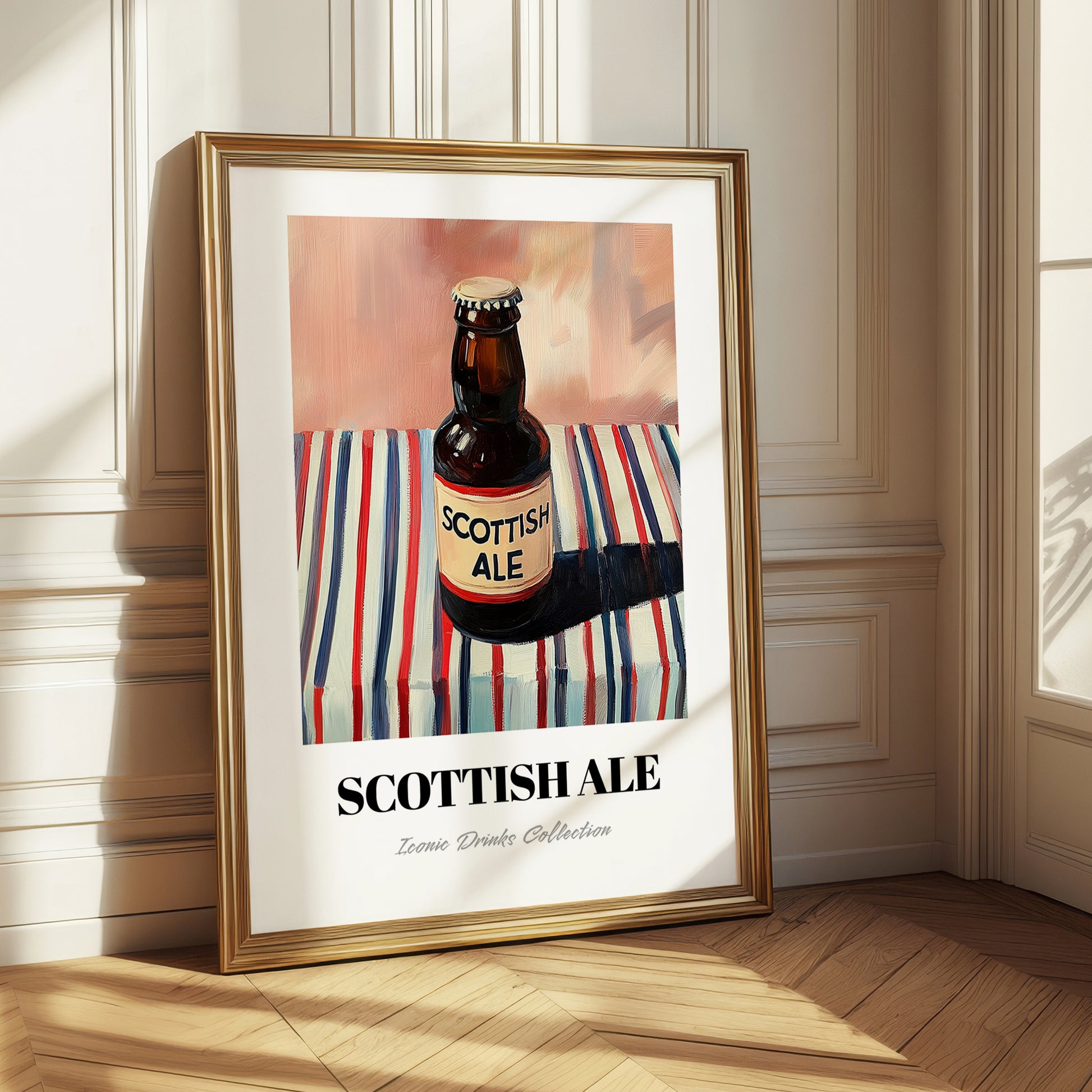 Scottish Ale – on Striped Tablecloth, Scottish Beer Illustration
