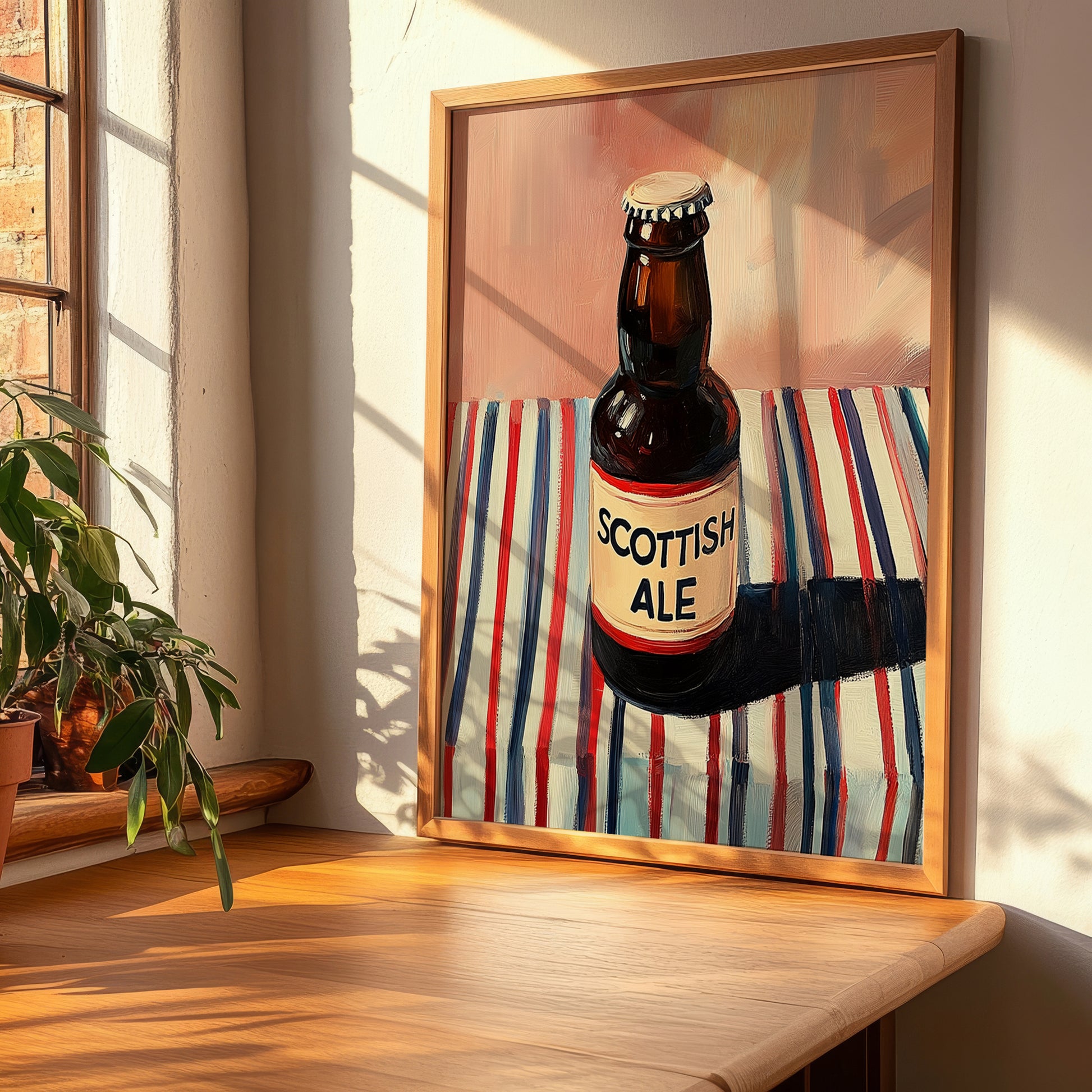 Scottish Ale – on Striped Tablecloth, Scottish Beer Illustration, clean layout with no caption