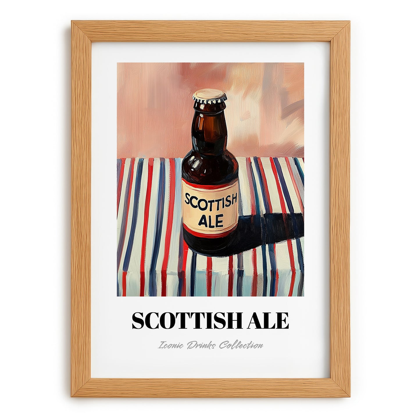 Scottish Ale – on Striped Tablecloth, Scottish Beer Illustration, set in oak frame