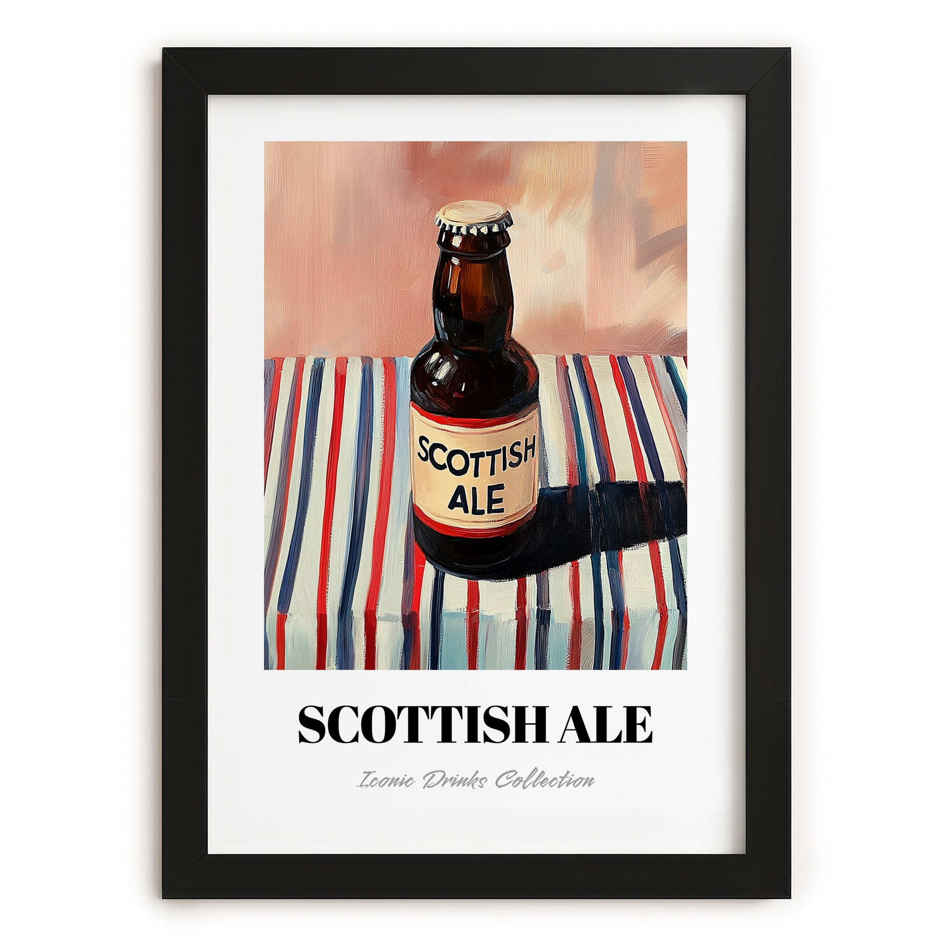 Scottish Ale – on Striped Tablecloth, Scottish Beer Illustration, in sleek black frame