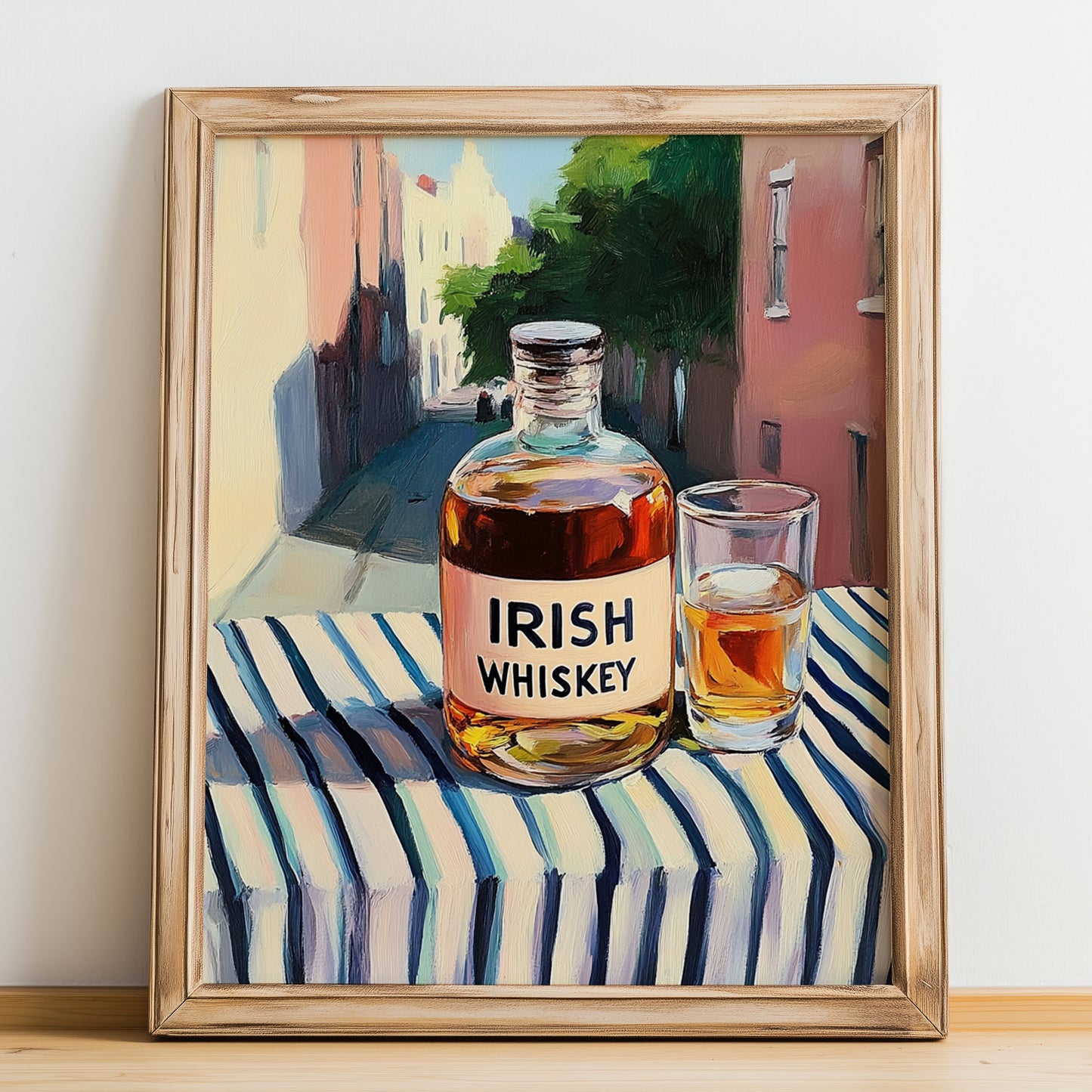 Irish Whiskey – Irish Outdoor Café Scene, Irish Whiskey Print, no-text version framed in wood