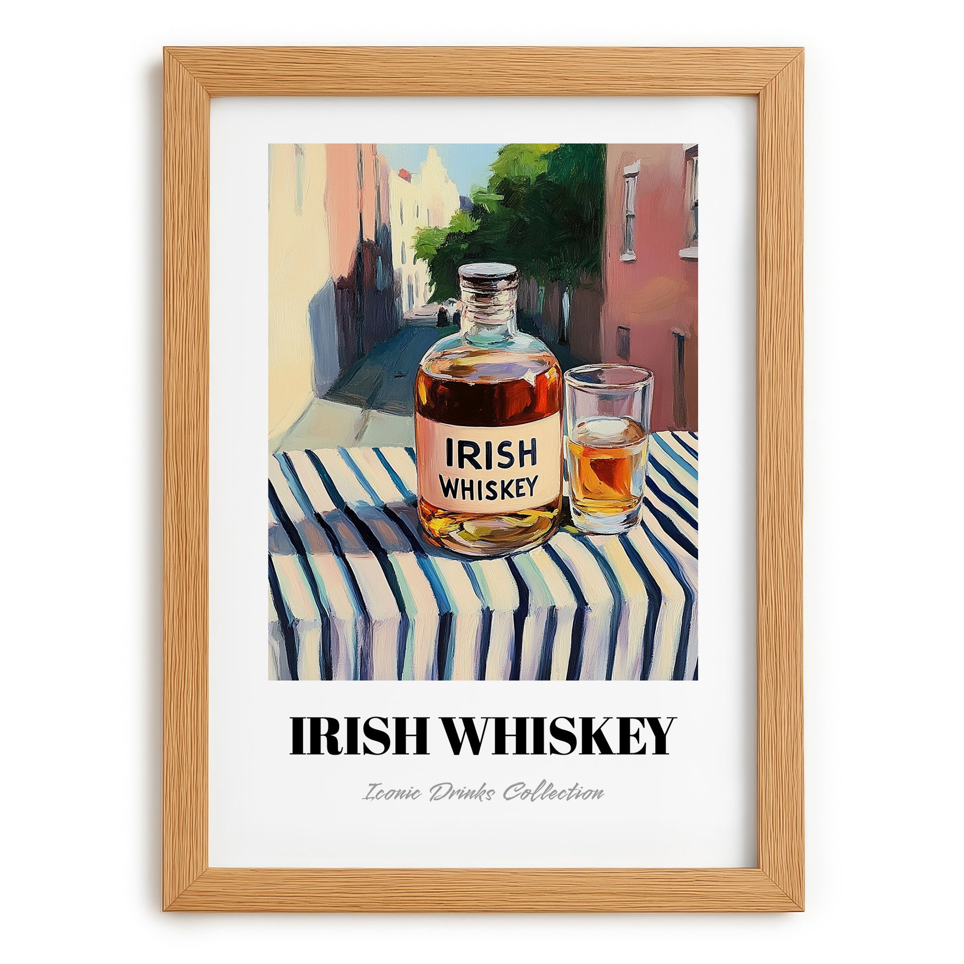 Irish Whiskey – Irish Outdoor Café Scene, Irish Whiskey Print, set in oak frame
