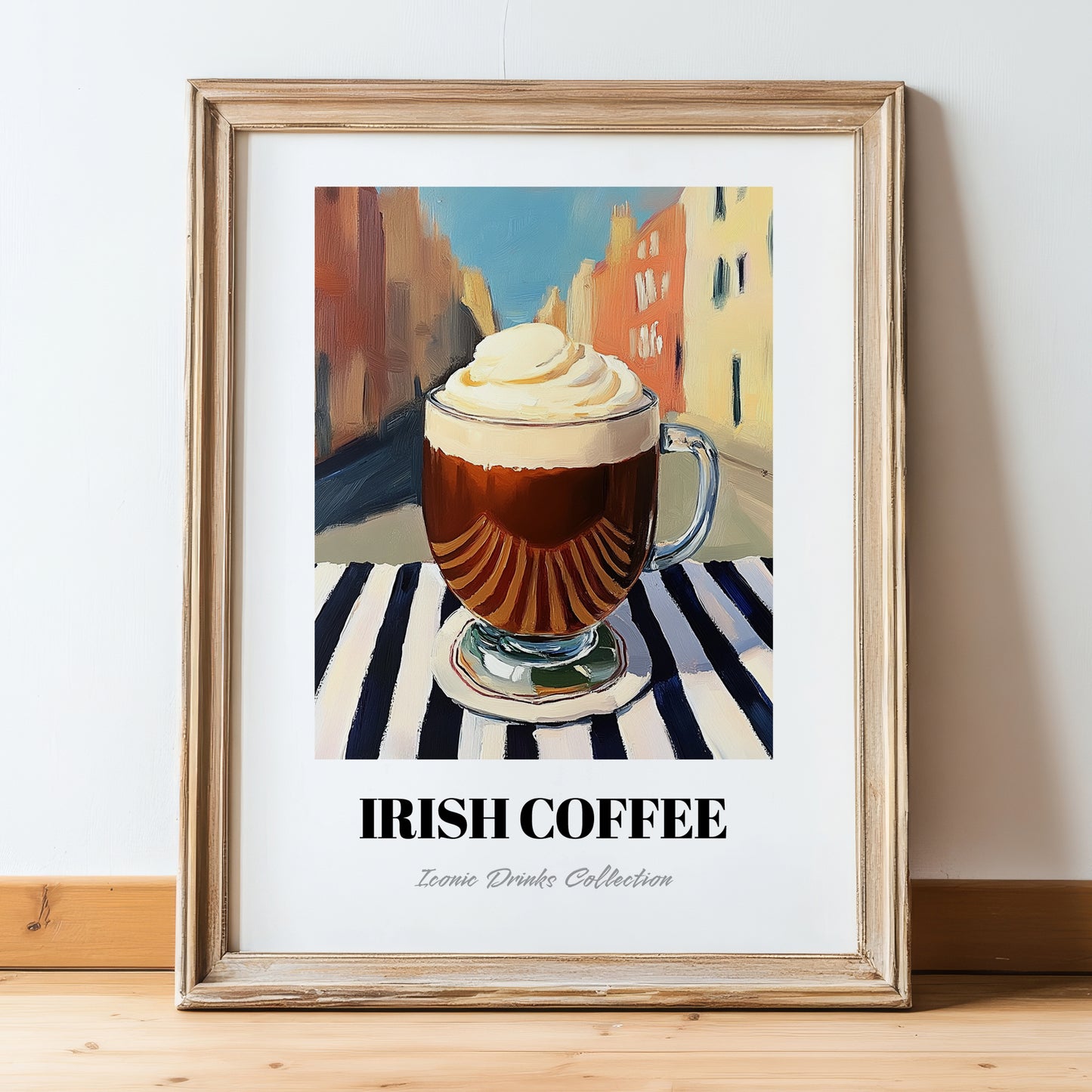 Irish Coffee – Irish Outdoor Café Scene, Irish Beverage Painting, in wooden frame leaning on the floor