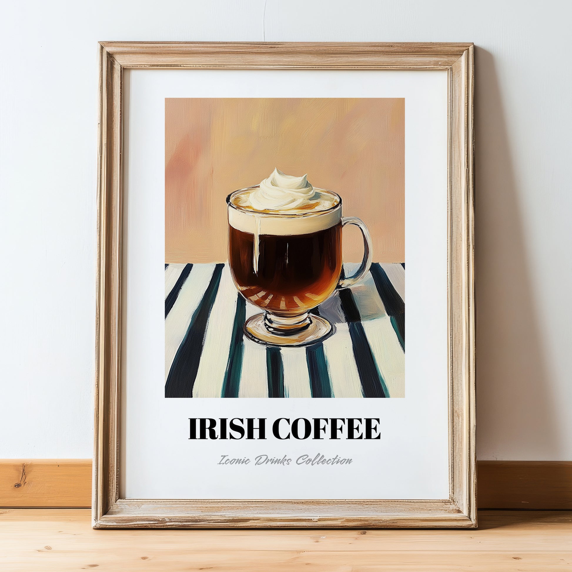 Irish Coffee – on Striped Tablecloth, Irish Drink Wall Decor, in wooden frame leaning on the floor