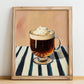 Irish Coffee – on Striped Tablecloth, Irish Drink Wall Decor, no-text version framed in wood