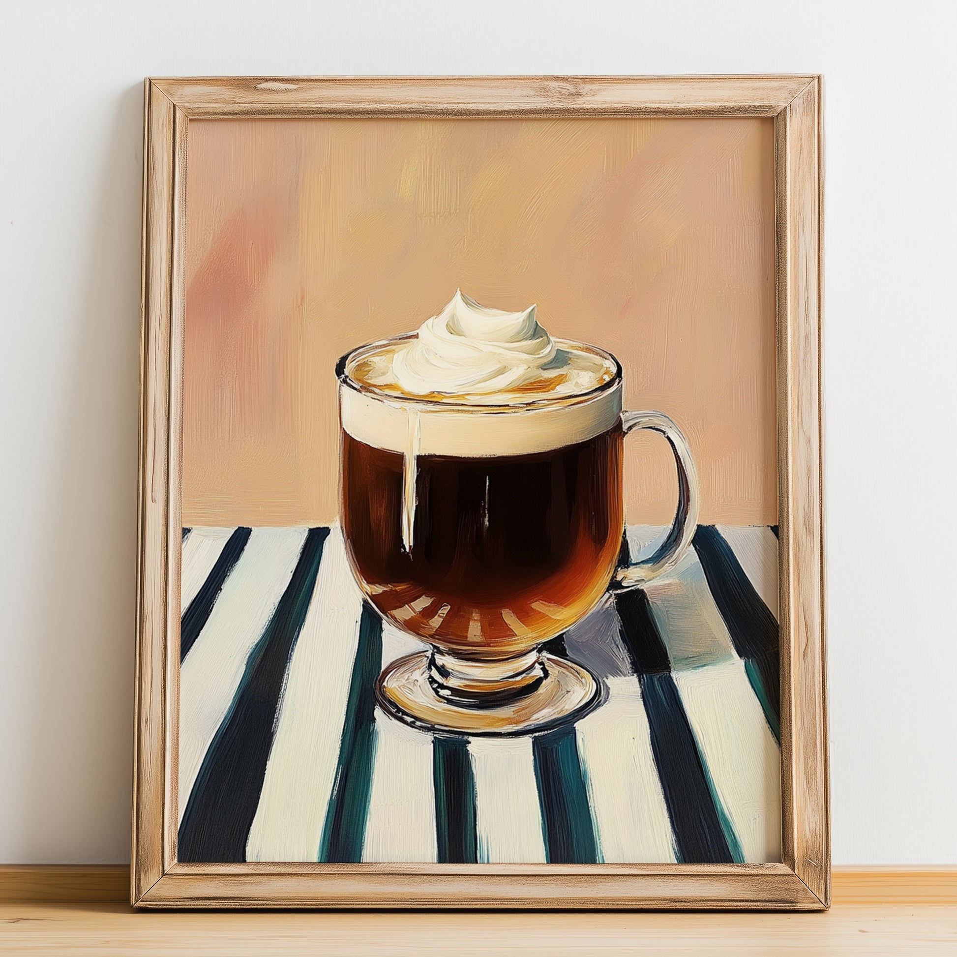 Irish Coffee – on Striped Tablecloth, Irish Drink Wall Decor, no-text version framed in wood