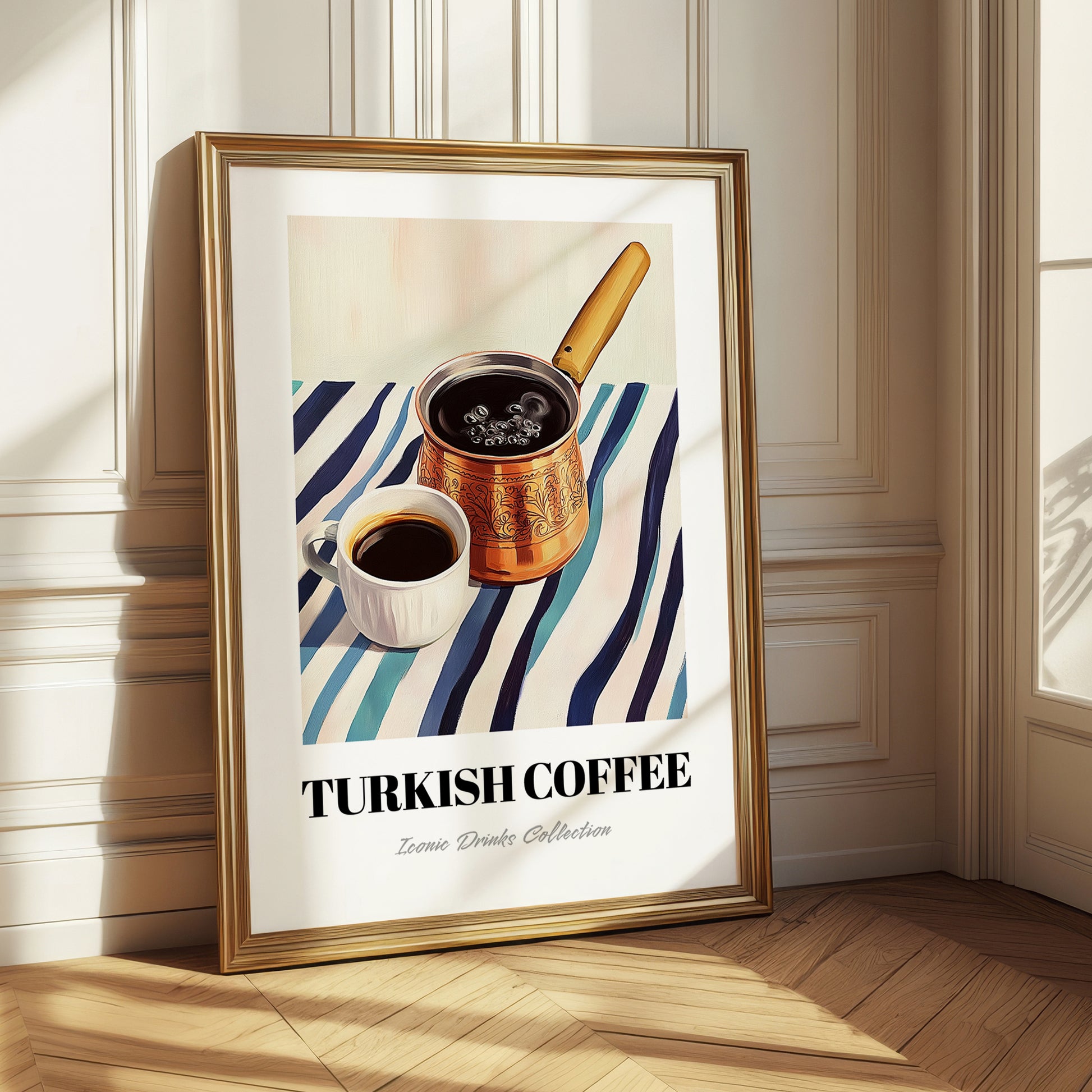 Turkish Coffee – on Striped Tablecloth, Türk Kahvesi Still Life
