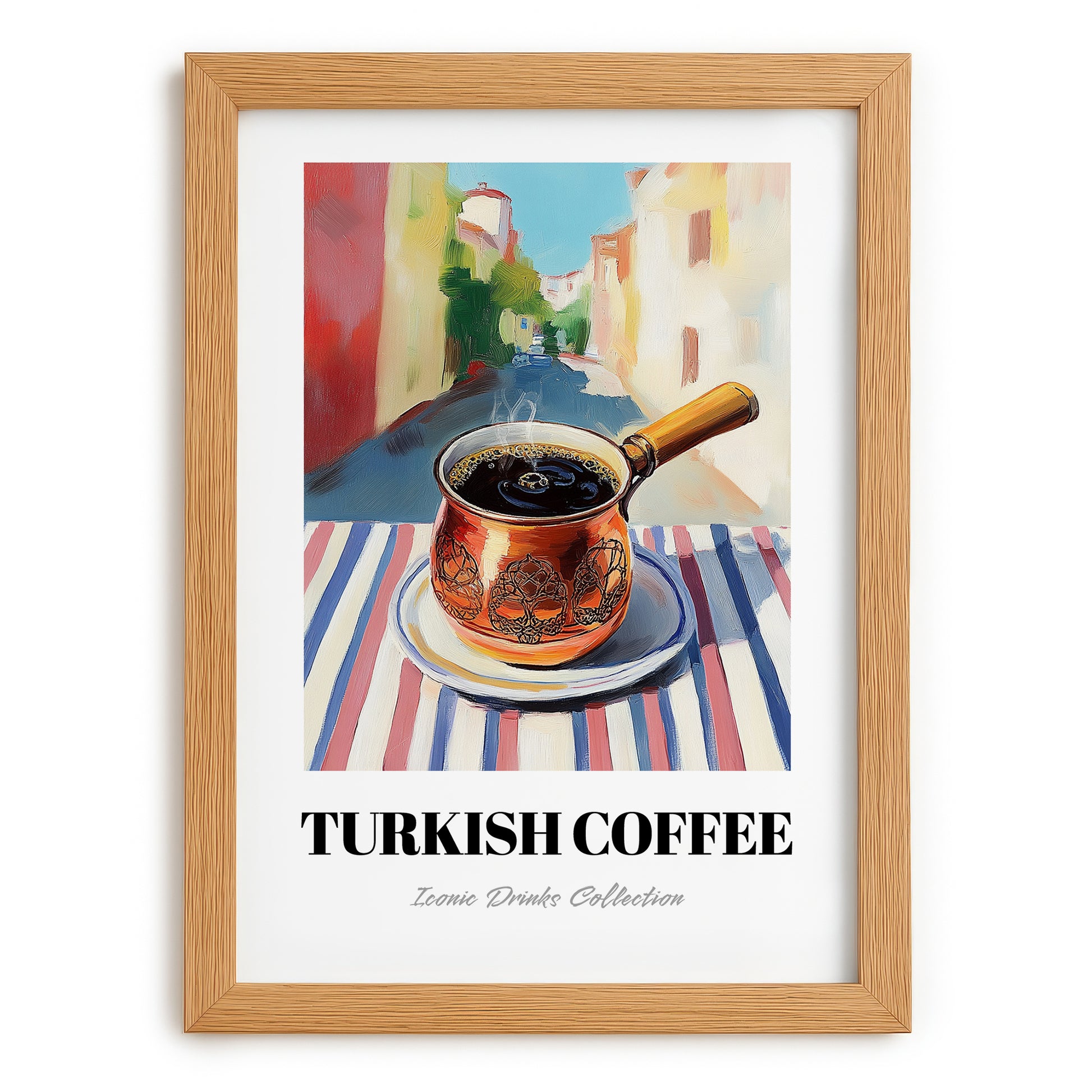 Turkish Coffee – Türk Café on the Corner, Türk Kahvesi Wall Painting, set in oak frame