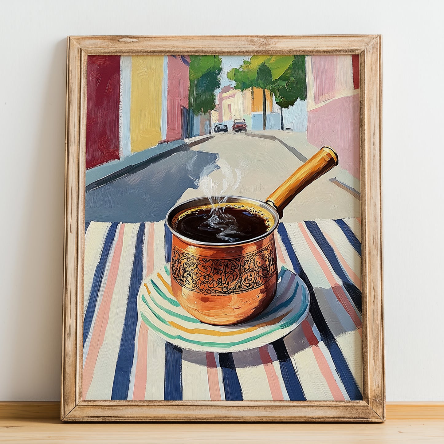 Türk Kahvesi – Turkish Urban Café Scene, Turkish Coffee Poster, no-text version framed in wood