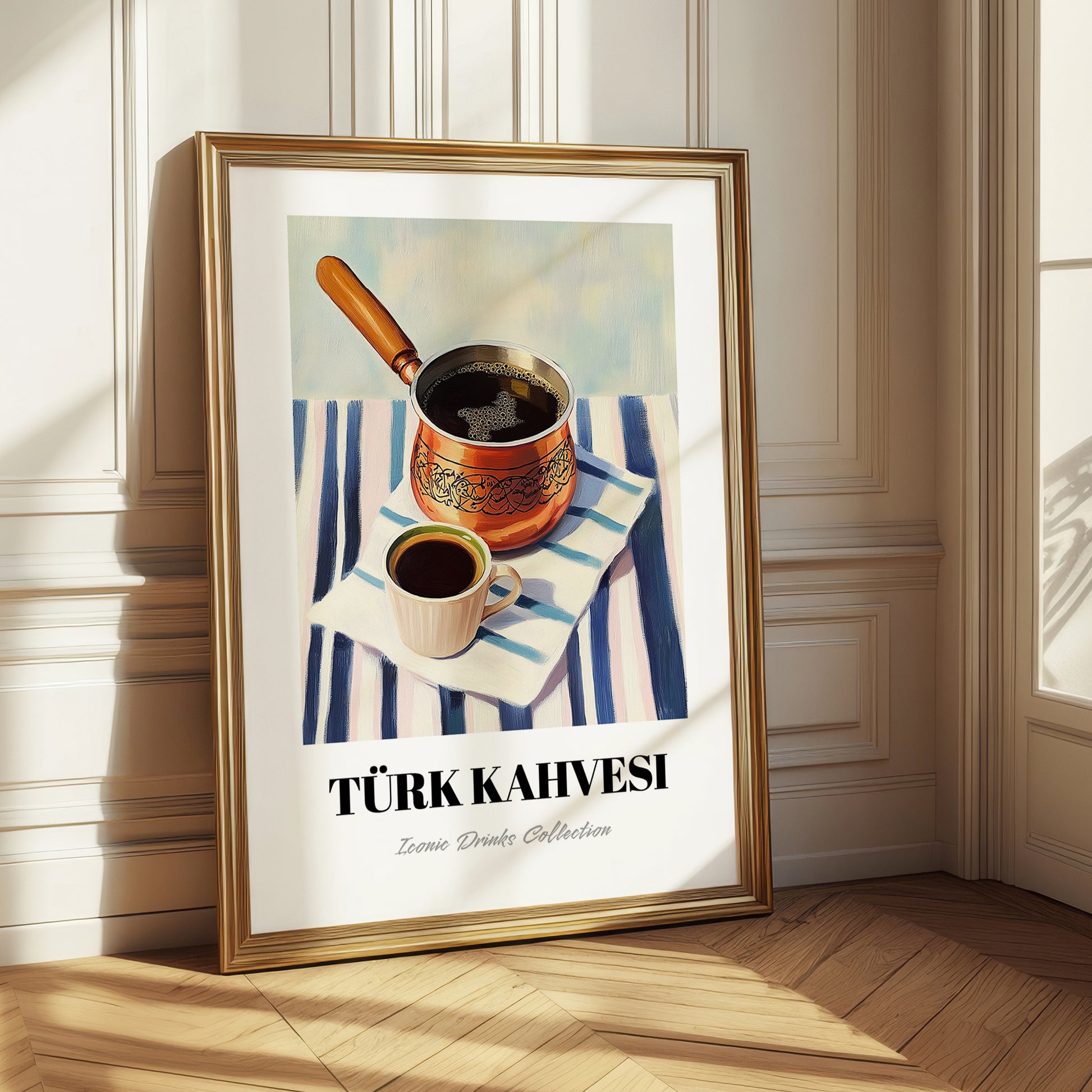 Türk Kahvesi – on Striped Tablecloth, Turkish Coffee Still Life