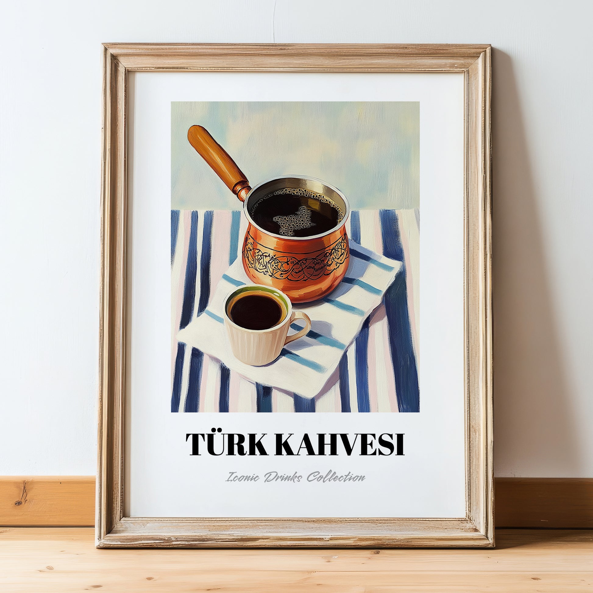 Türk Kahvesi – on Striped Tablecloth, Turkish Coffee Still Life, in wooden frame leaning on the floor
