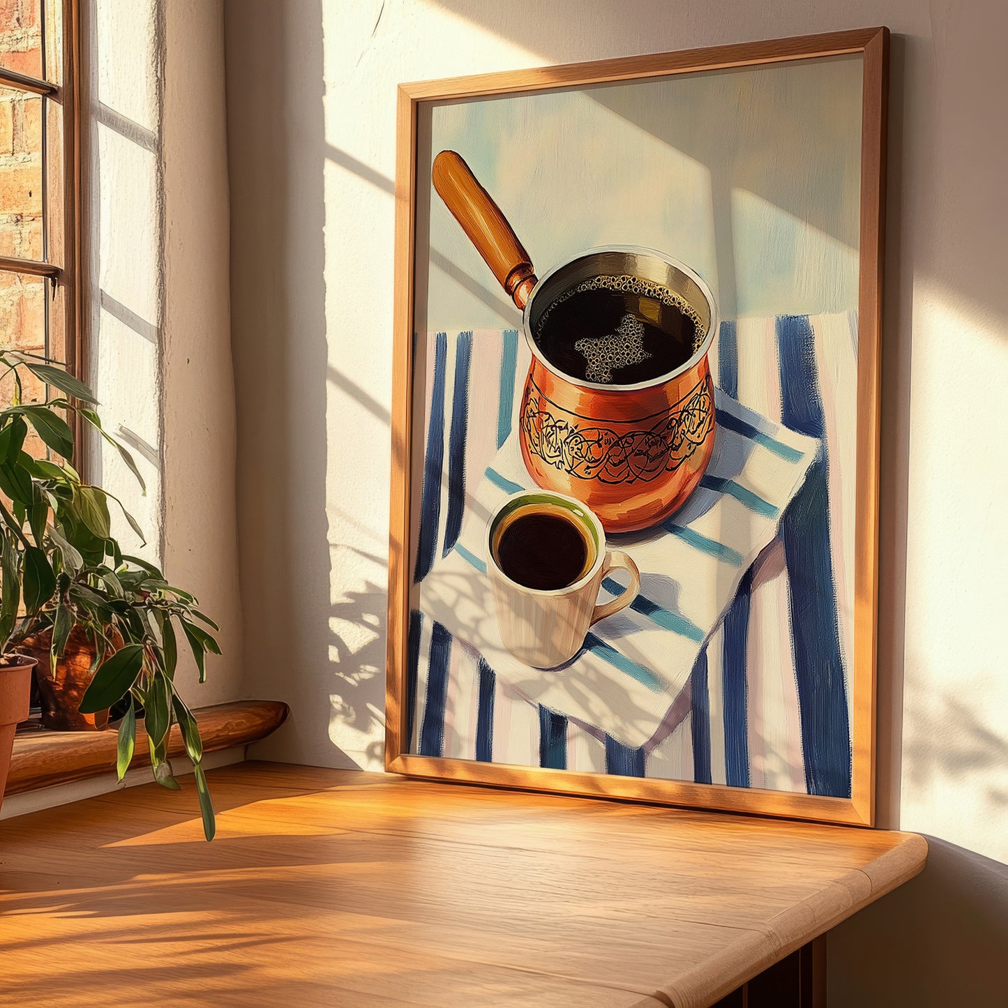 Türk Kahvesi – on Striped Tablecloth, Turkish Coffee Still Life, clean layout with no caption