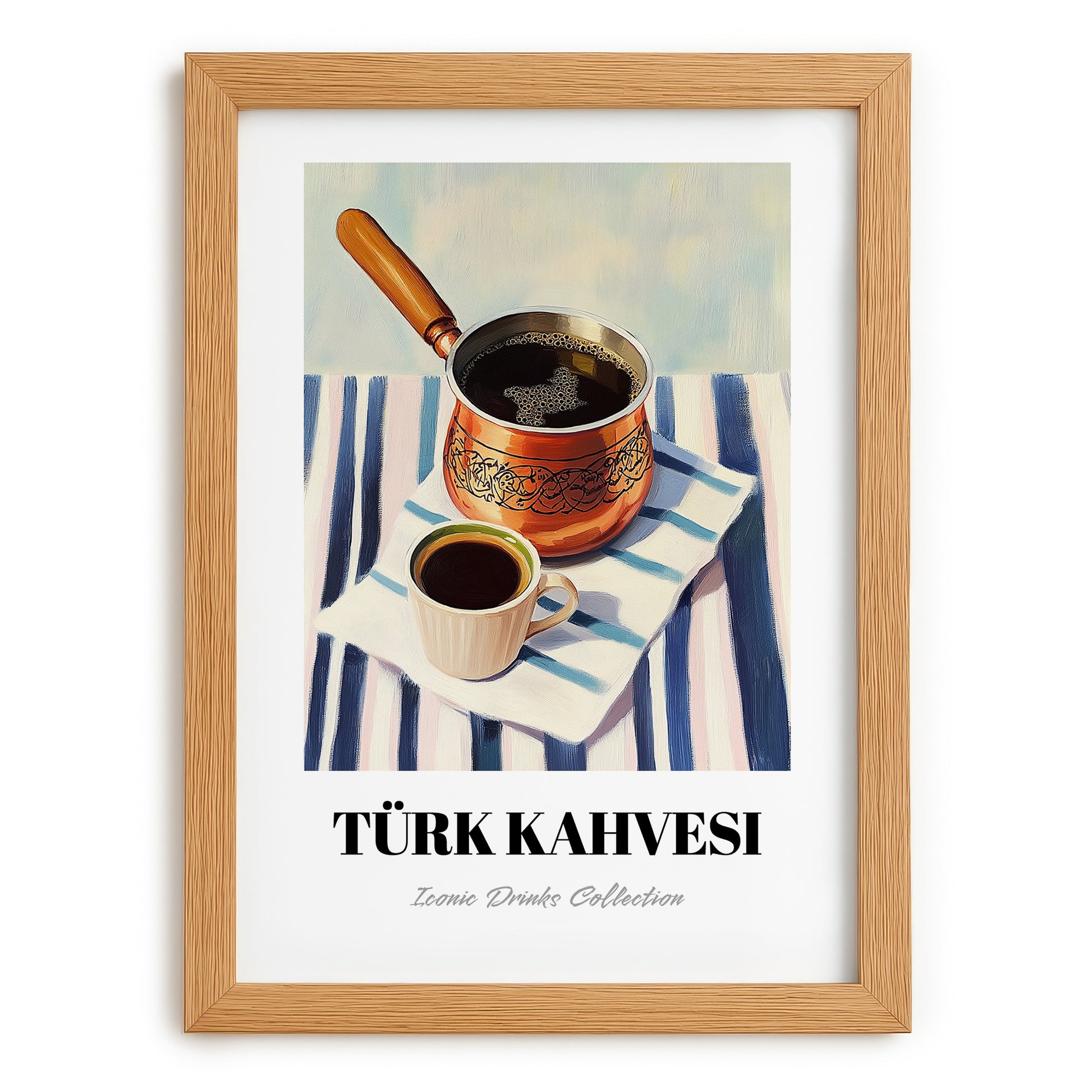 Türk Kahvesi – on Striped Tablecloth, Turkish Coffee Still Life, set in oak frame