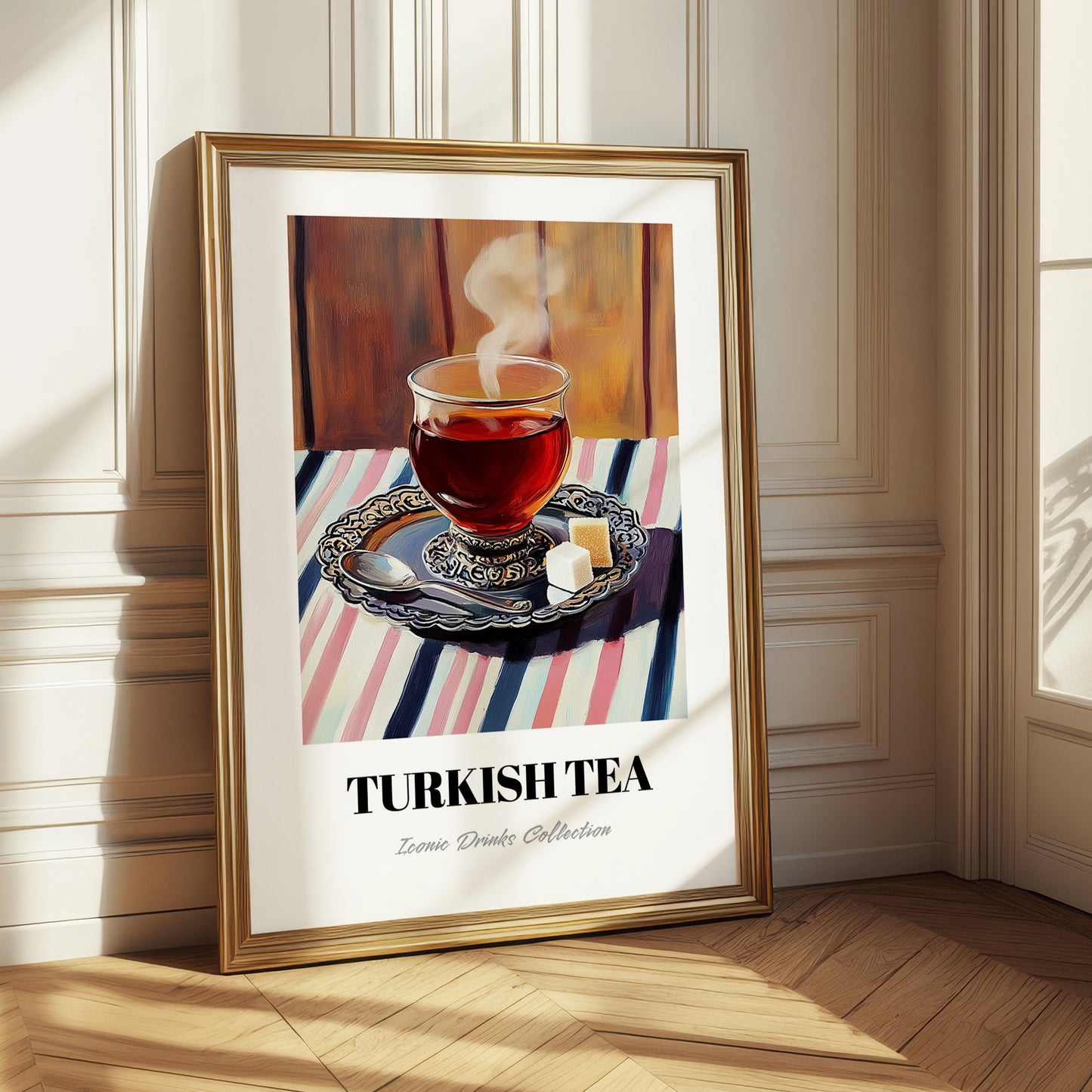 Turkish Tea – on Striped Tablecloth, Türk Çayı Poster