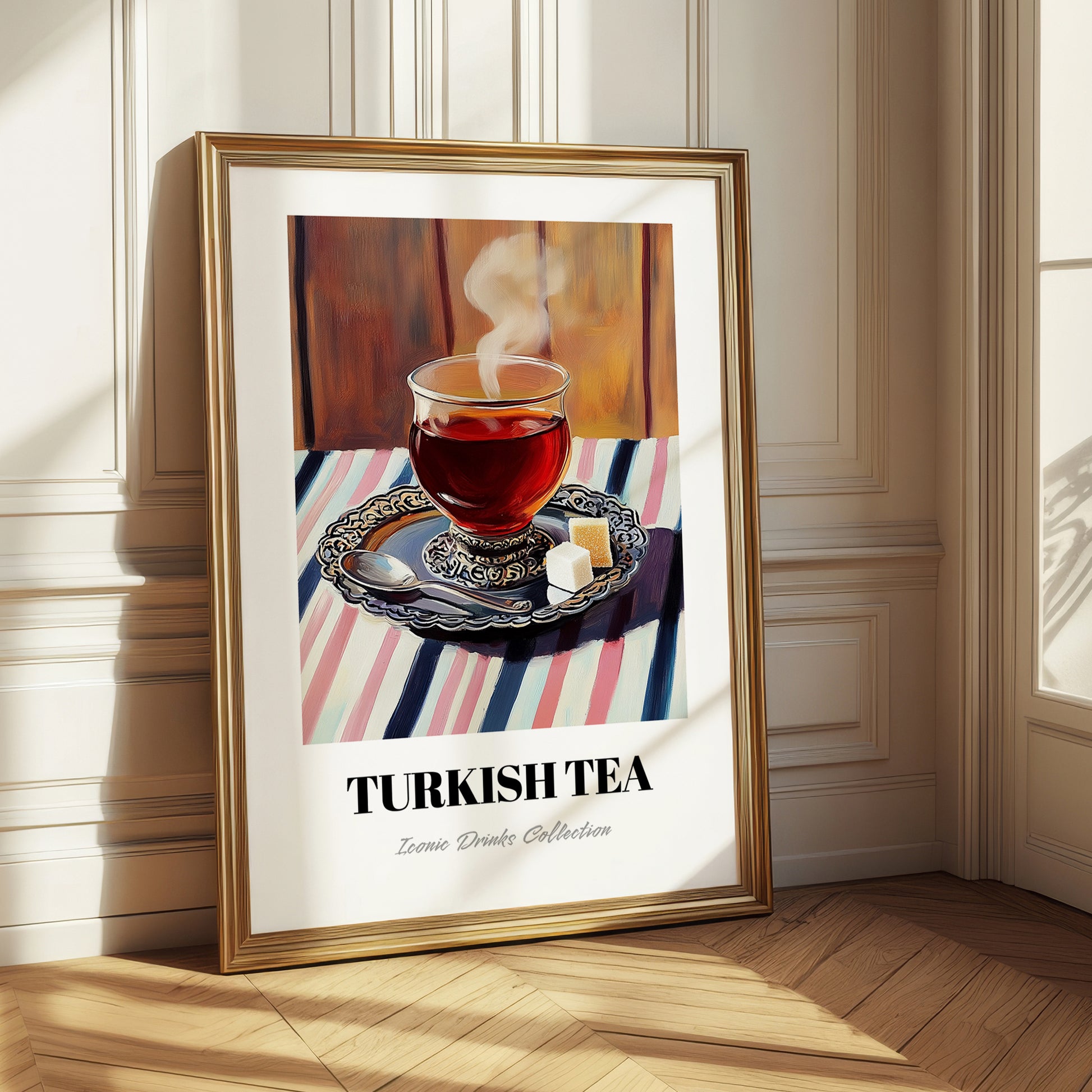Turkish Tea – on Striped Tablecloth, Türk Çayı Poster