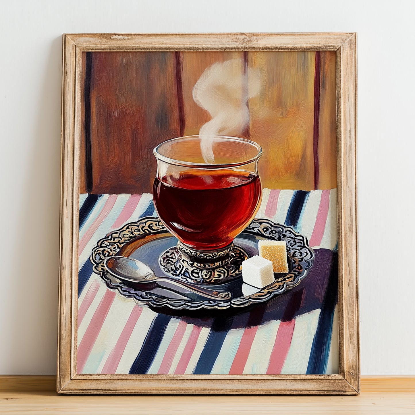 Turkish Tea – on Striped Tablecloth, Türk Çayı Poster, no-text version framed in wood