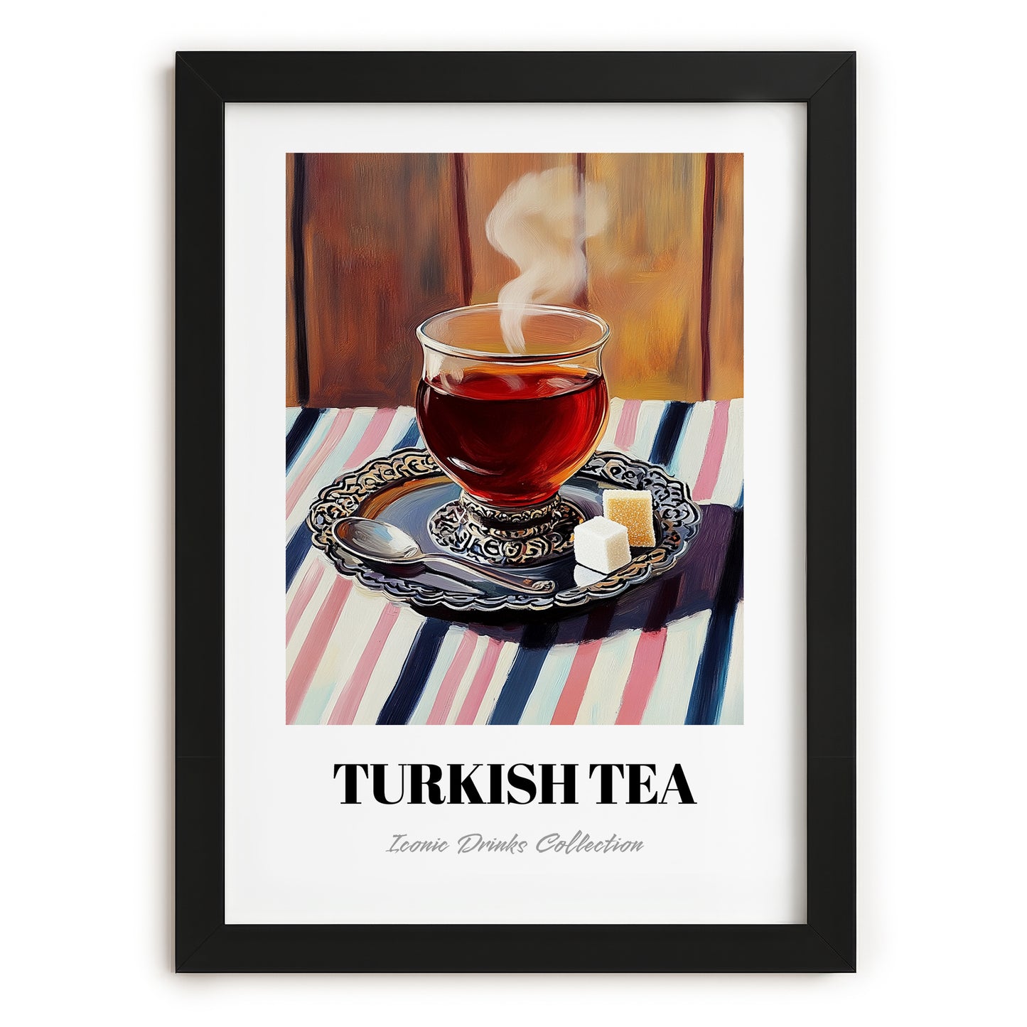 Turkish Tea – on Striped Tablecloth, Türk Çayı Poster, in sleek black frame