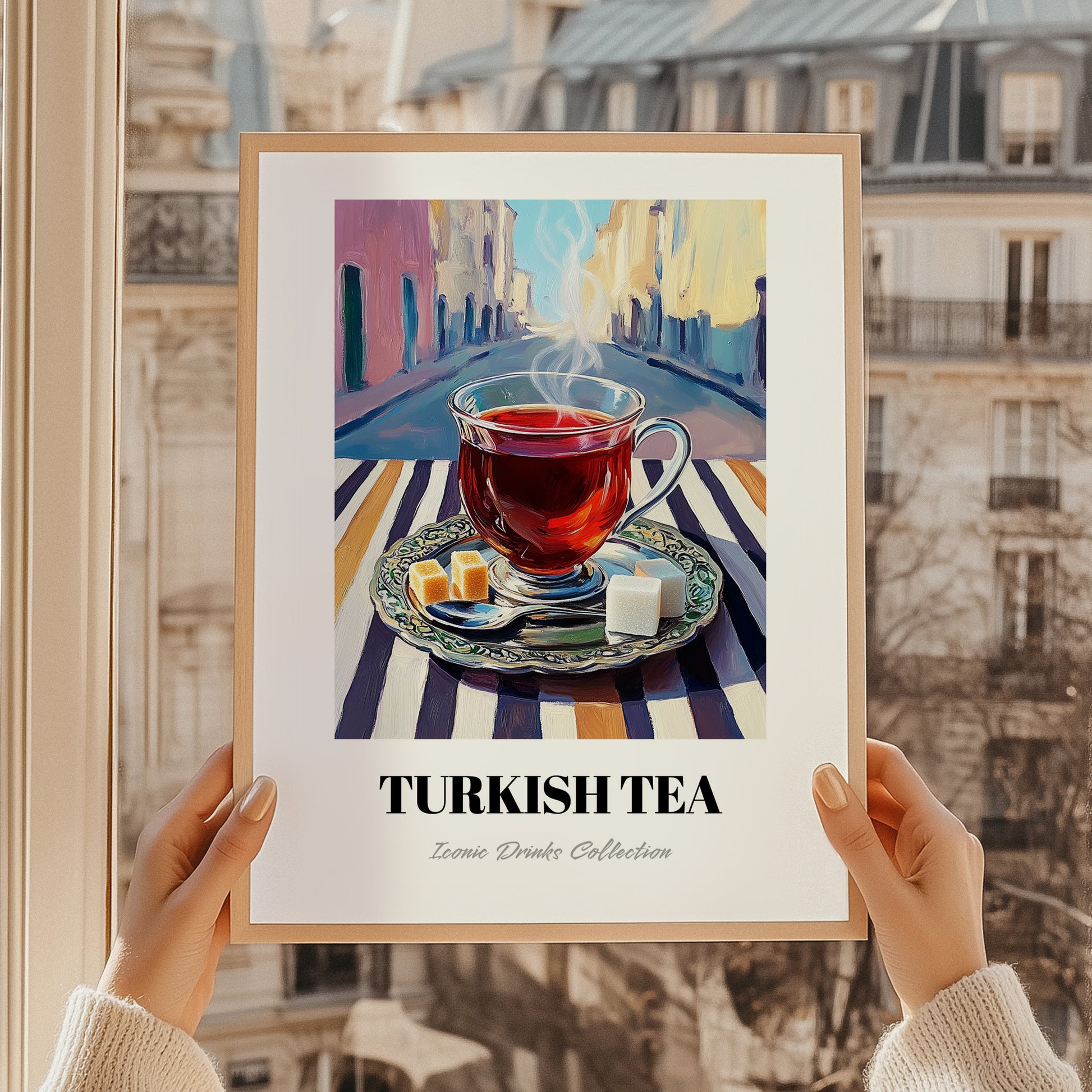 Turkish Tea – Türk Urban Café Scene, Türk Çayı Illustration, styled in a charming Paris street view