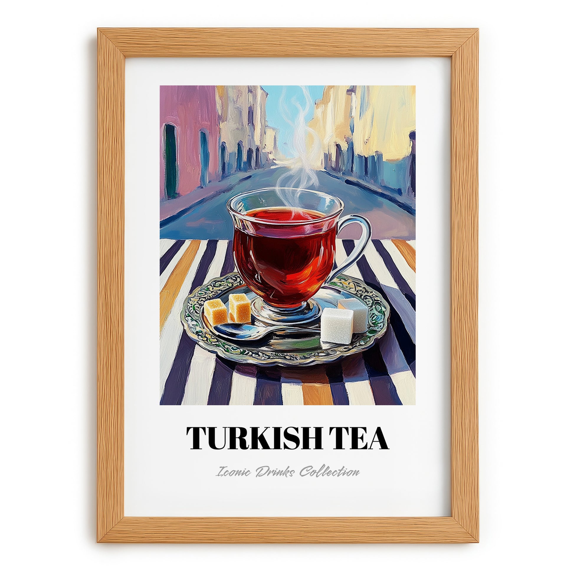 Turkish Tea – Türk Urban Café Scene, Türk Çayı Illustration, set in oak frame