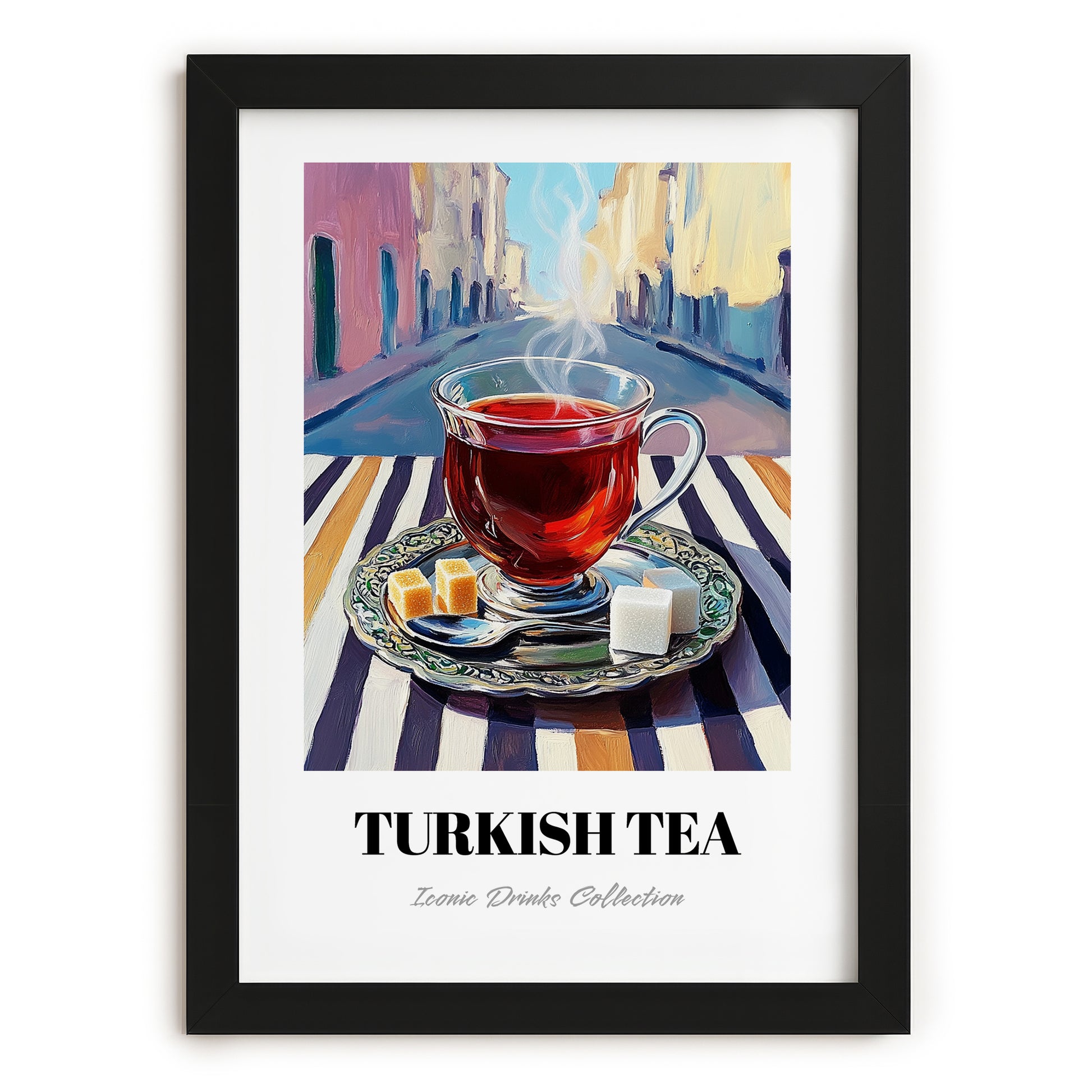 Turkish Tea – Türk Urban Café Scene, Türk Çayı Illustration, in sleek black frame