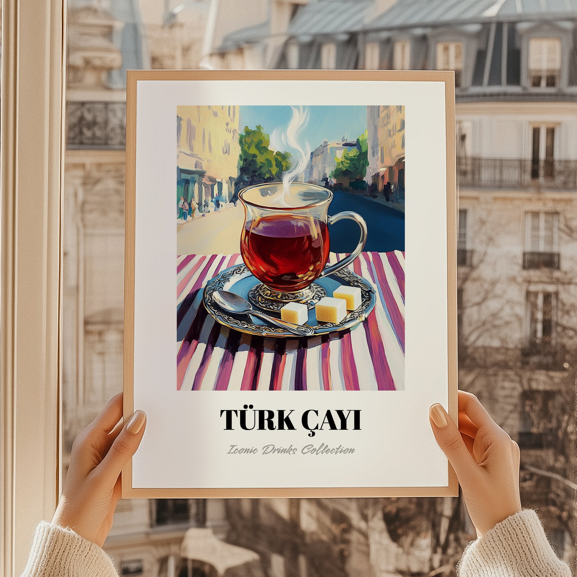 Türk Çayı – Turkish Outdoor Café Scene, Turkish Tea Poster, styled in a charming Paris street view